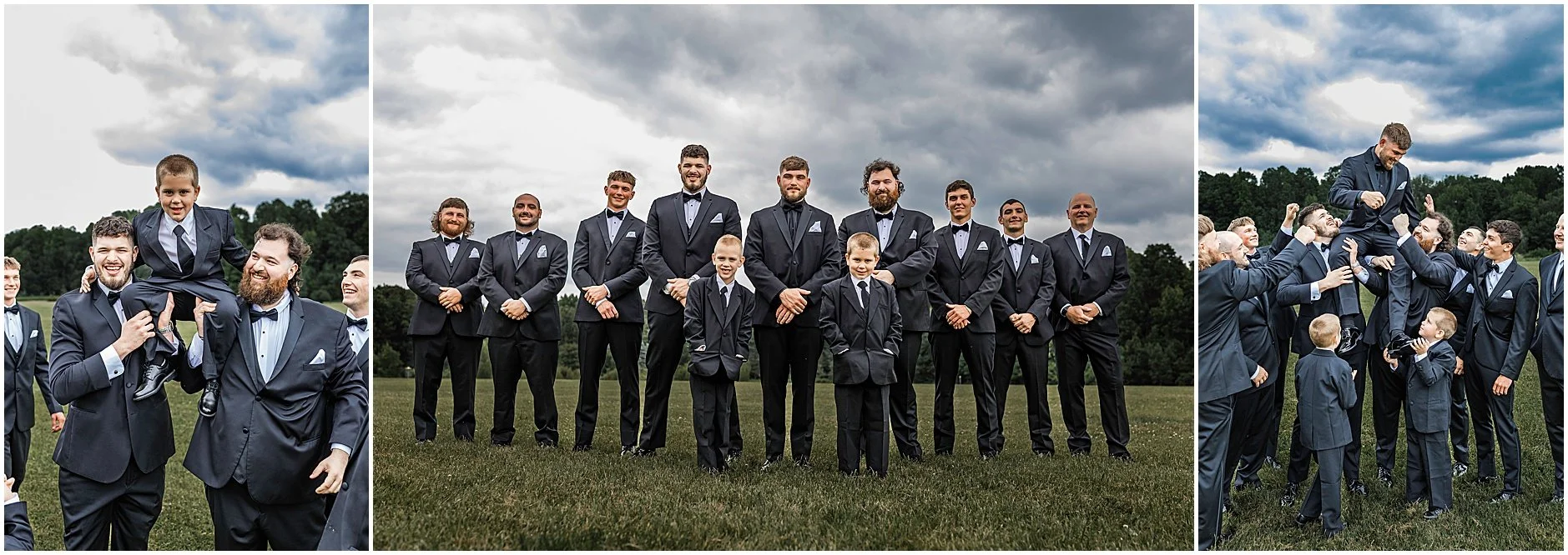 Upstate, New York groomsman carrying the groom before the wedding ceremony.