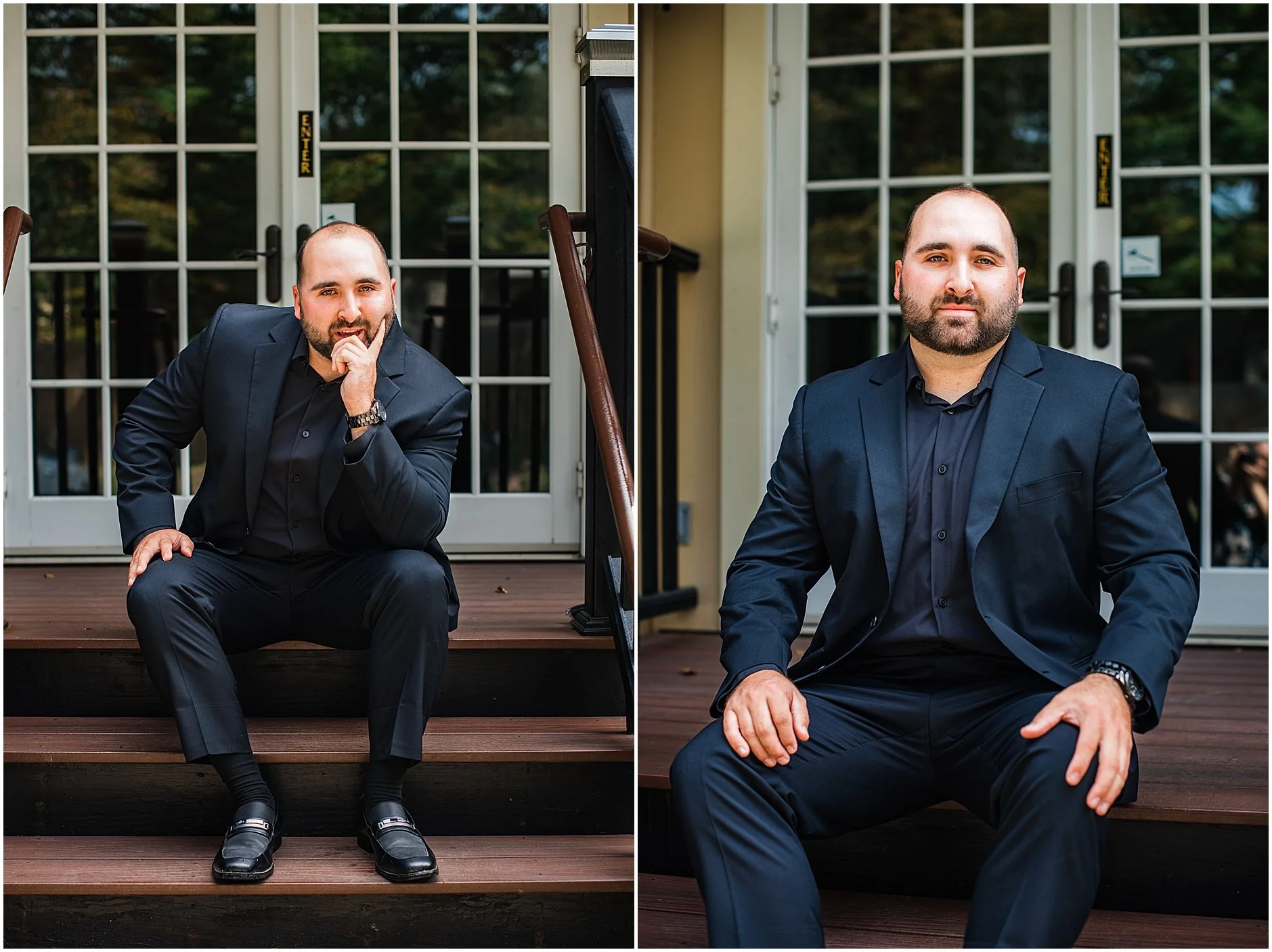 Groom portirats at the Airbnb in Upstate New York before the wedding ceremony at The Rosemary at Spano Lake