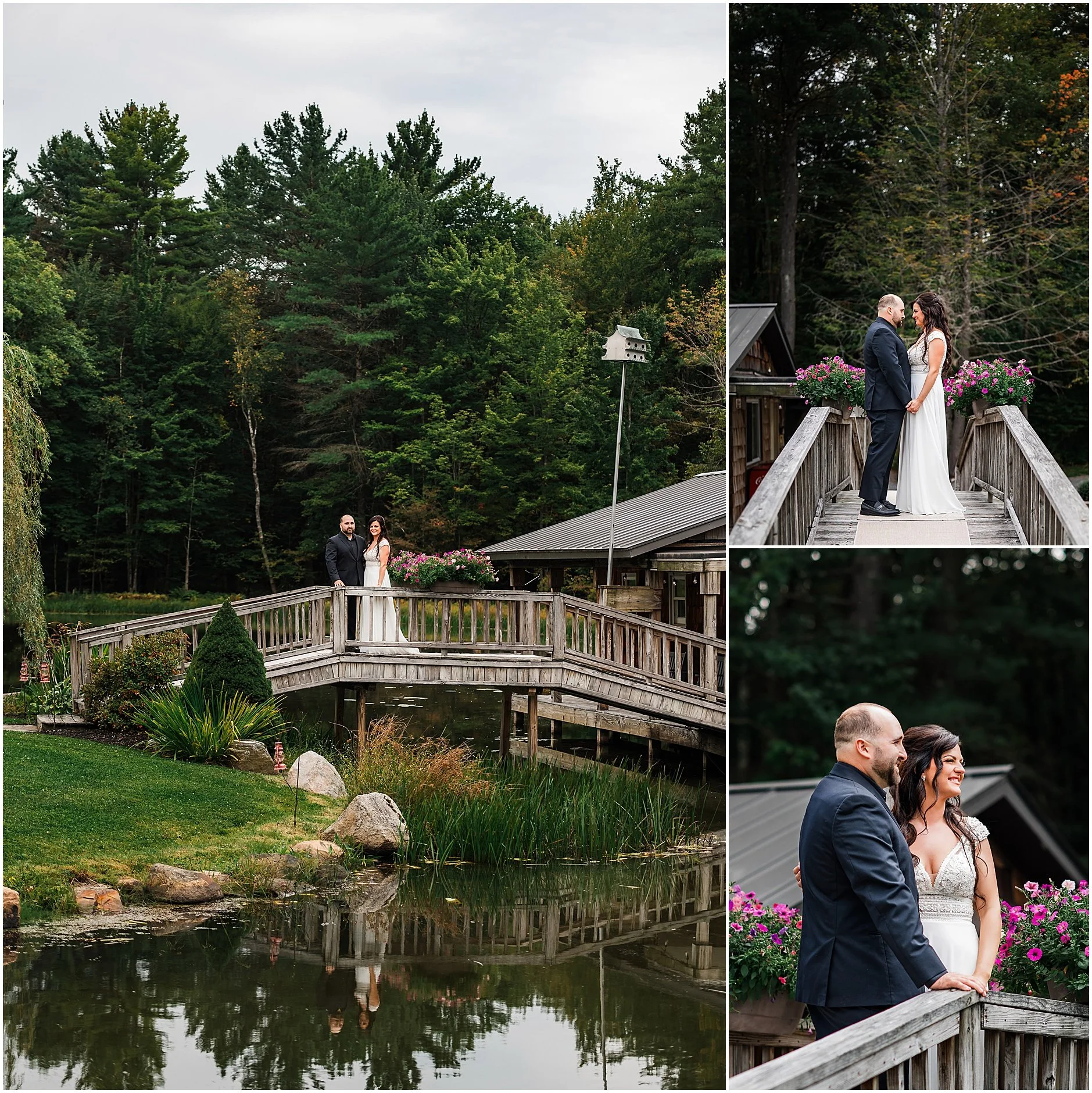 Newlyweds holding hands as they stand on the bride over water at The Rosemary at Spano Lake in Upstate New York