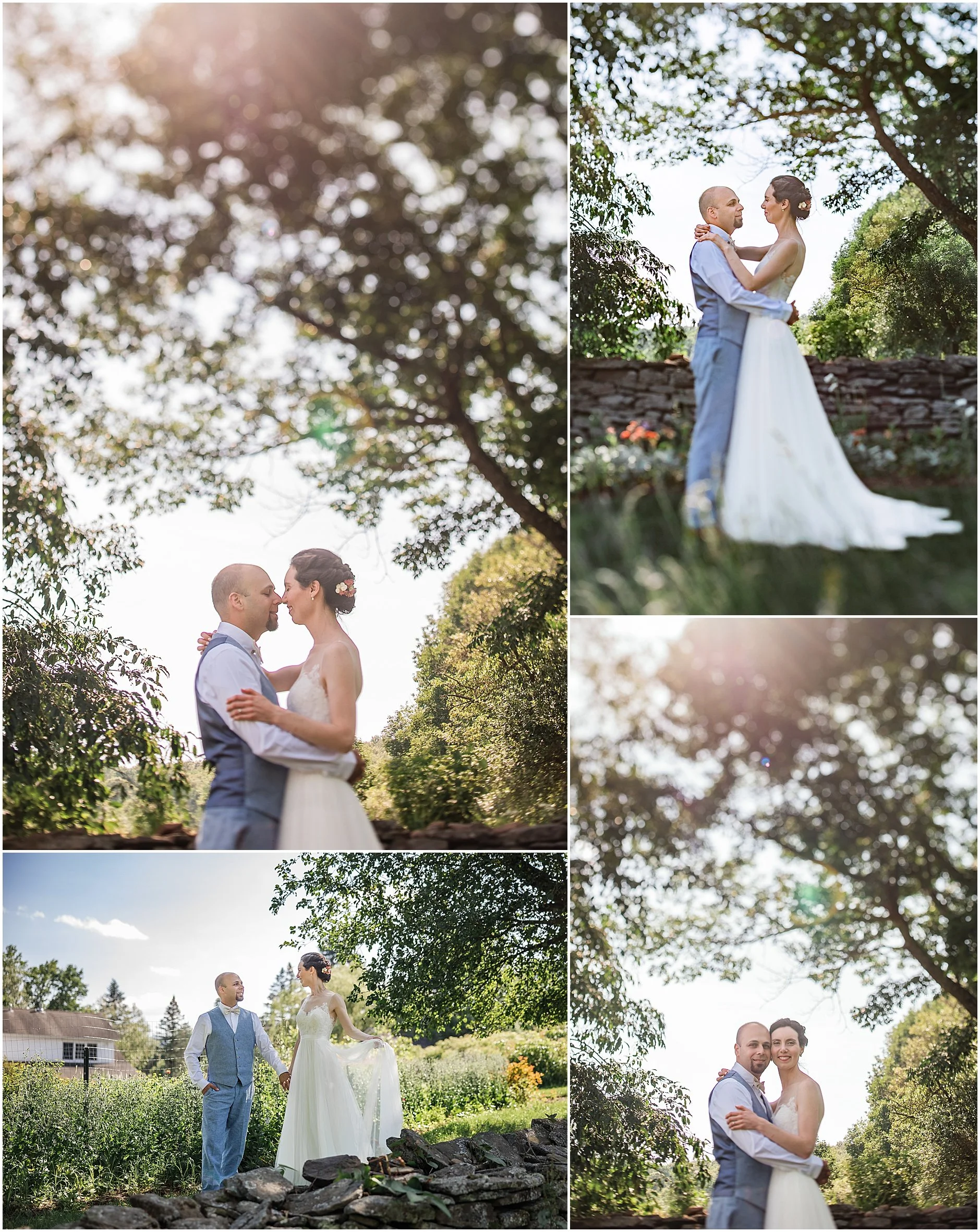 Intimate bride and groom portraits in the garden at The Inn at West Settlement a wedding venue in the Catskill Mountains