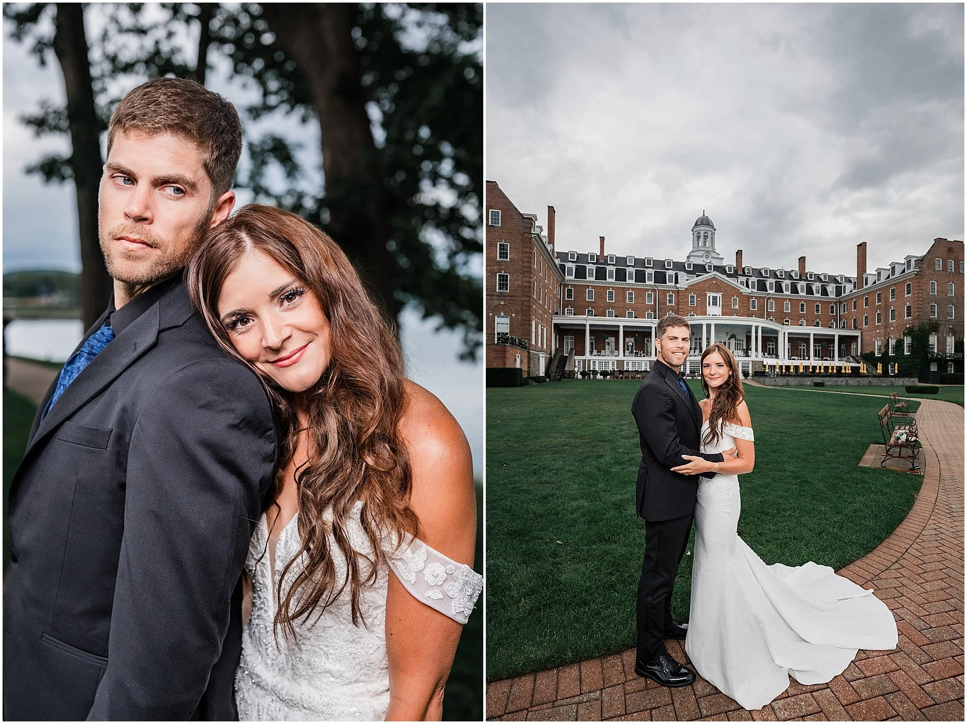 Couple embracing with scenic views during an Upstate New York elopement.