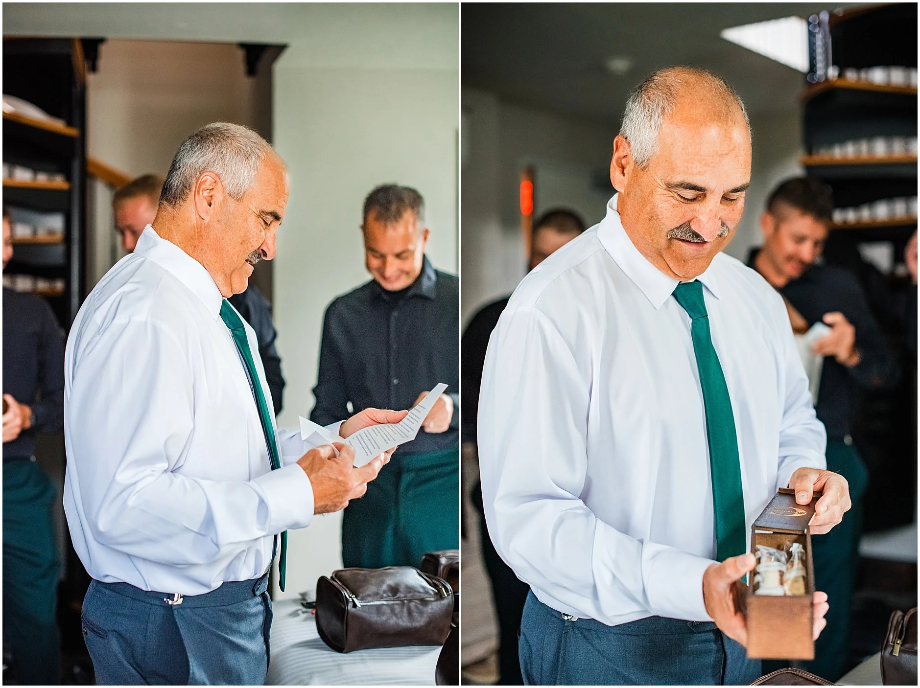Father of the groom opening gift from his son prior to the wedding ceremony