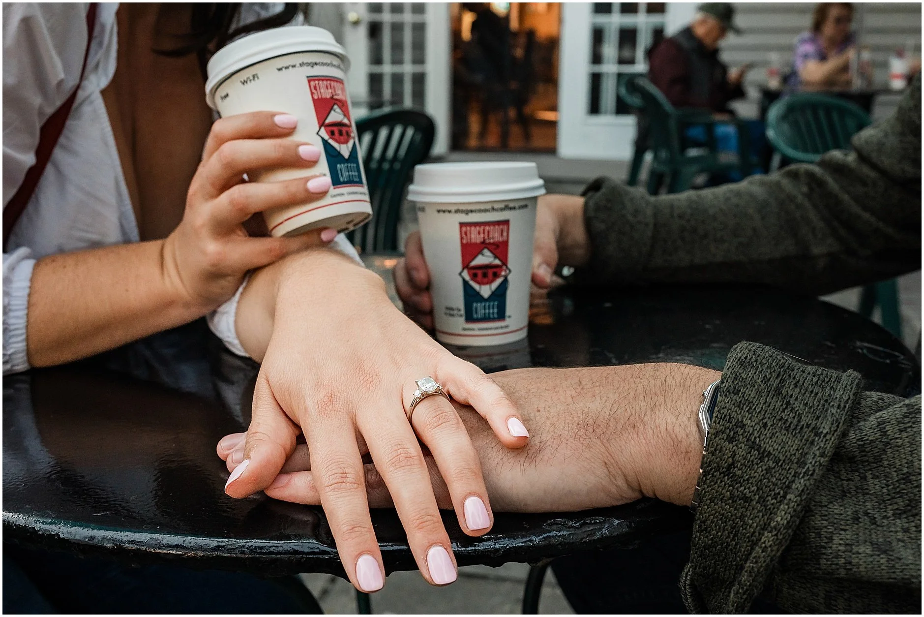 Close-up ring shot during an engagement session at Stagecoach Coffee in Cooperstown, NY
