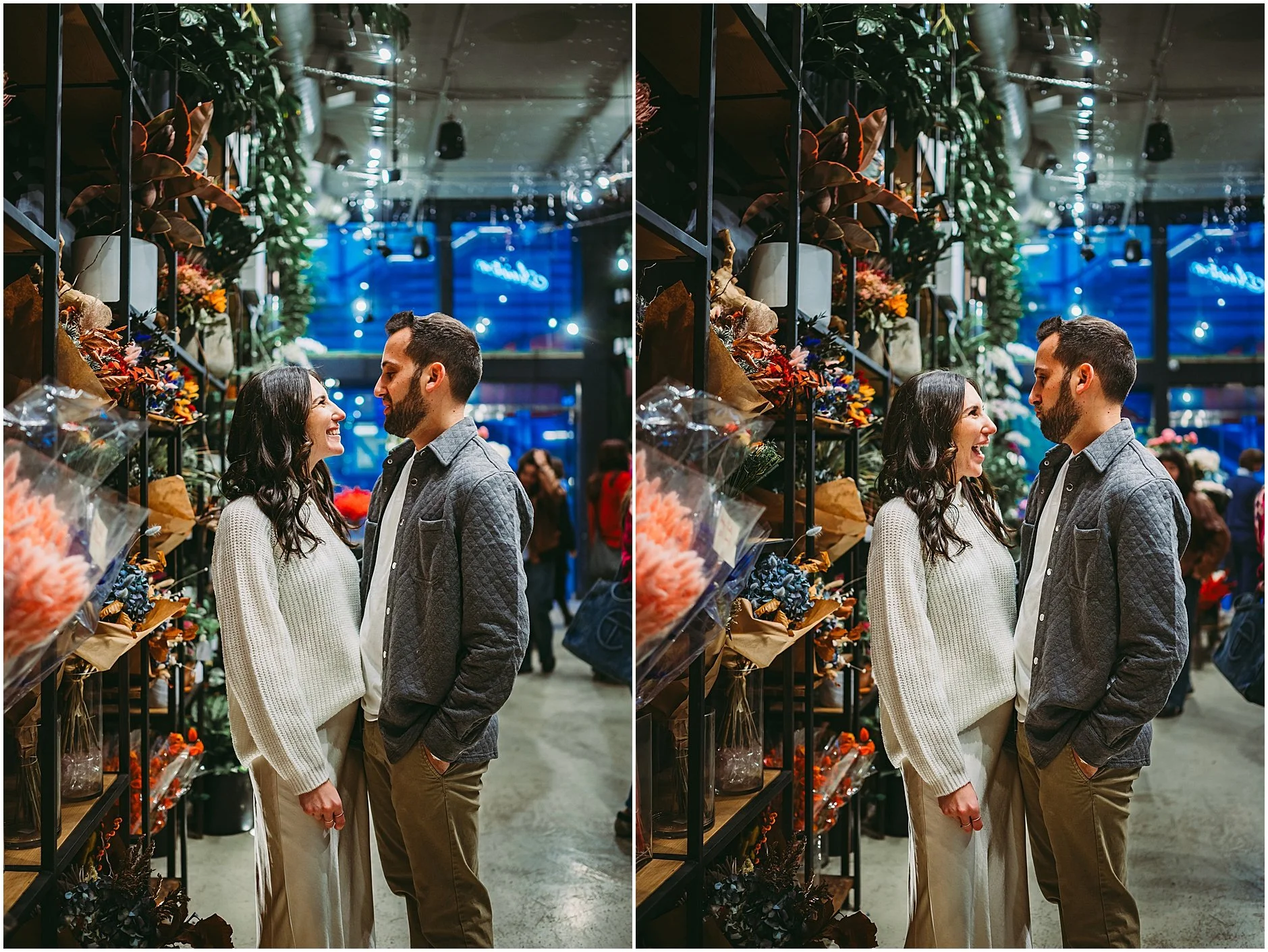 Couple at flower shop coffee shop in Soho NYC