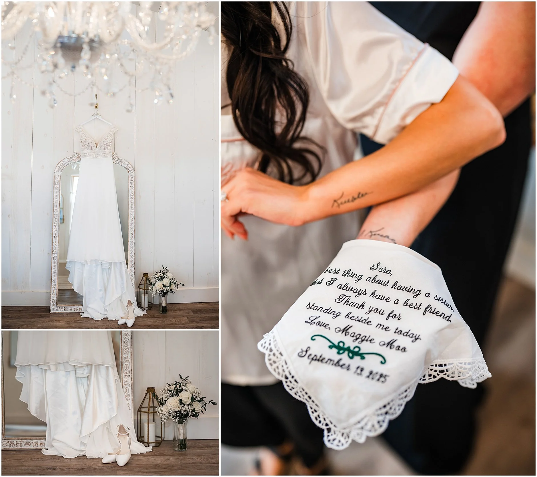 Wedding dress hanging agains mirror with chandelier in the foreground