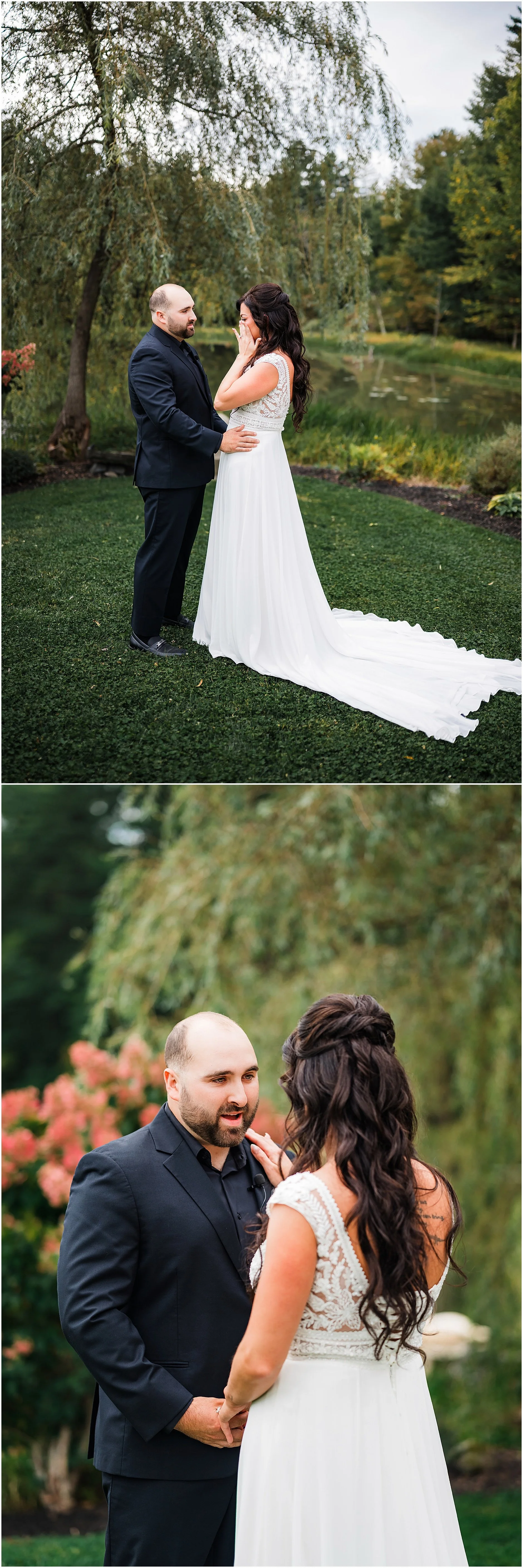 Bride and groom sharing an intimate first look by the water at a private wedding venue in Upstate New York