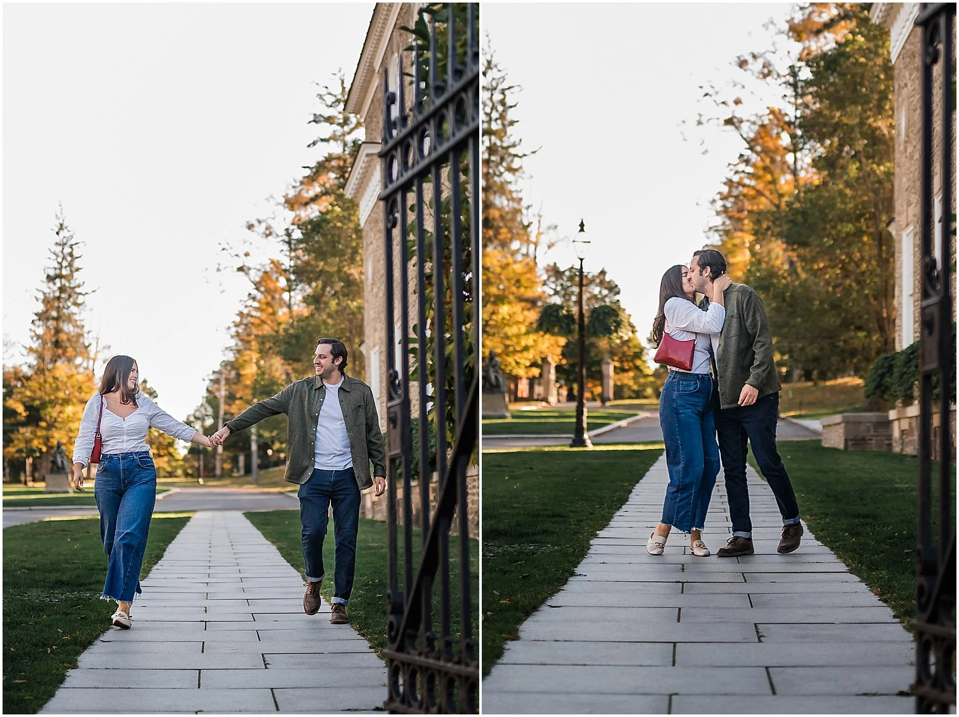 Timeless engagement image in front of Cooperstown landmark