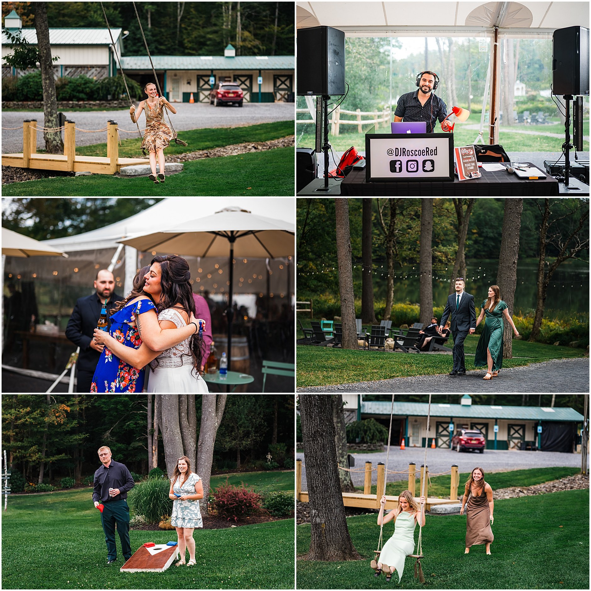 Guests swinging and playing corn hole during cocktail hour at The Rosemary at Spano Lake in Upstate New York