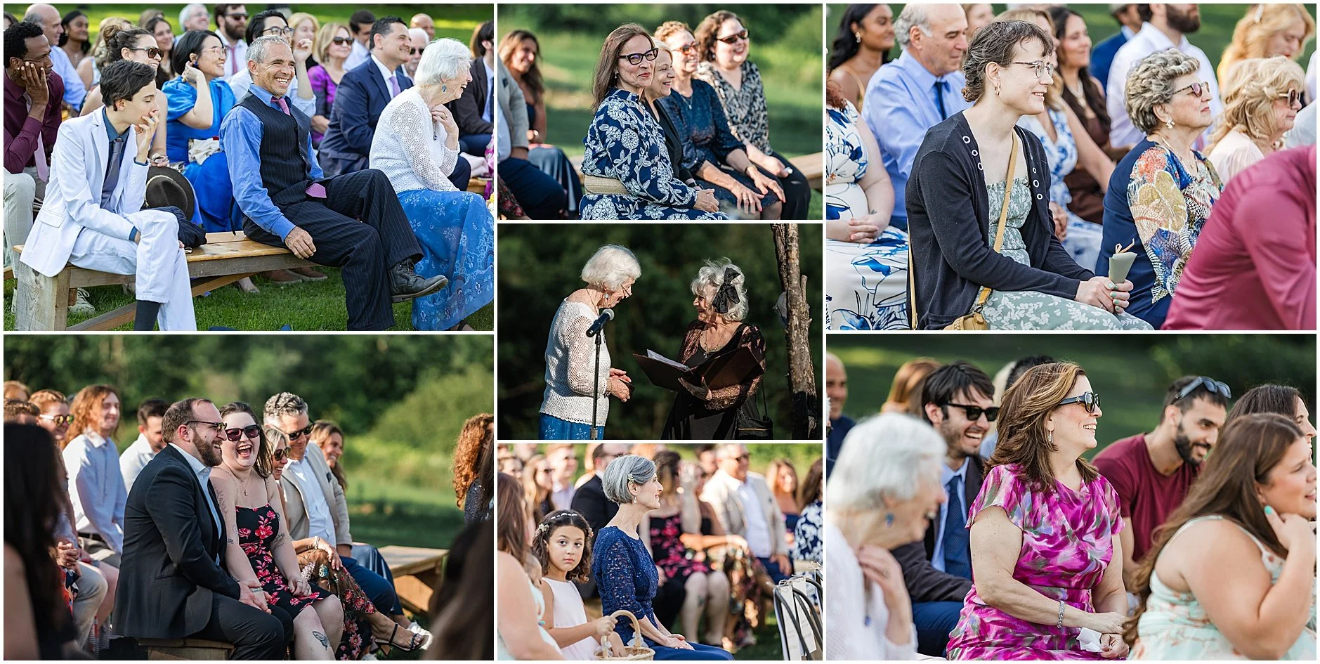 Candid shots of guests sharing laughs during a wedding ceremony at The Inn at West Settlement in Upstate New York
