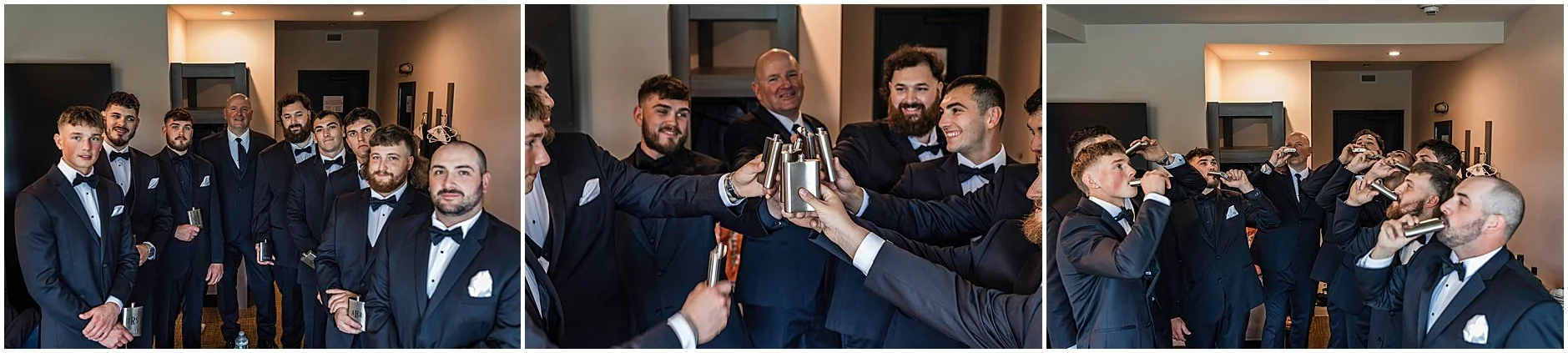 Groomsmen with their flasks as they wait for the ceremony to begin during a spring wedding in the Catskills, New York.