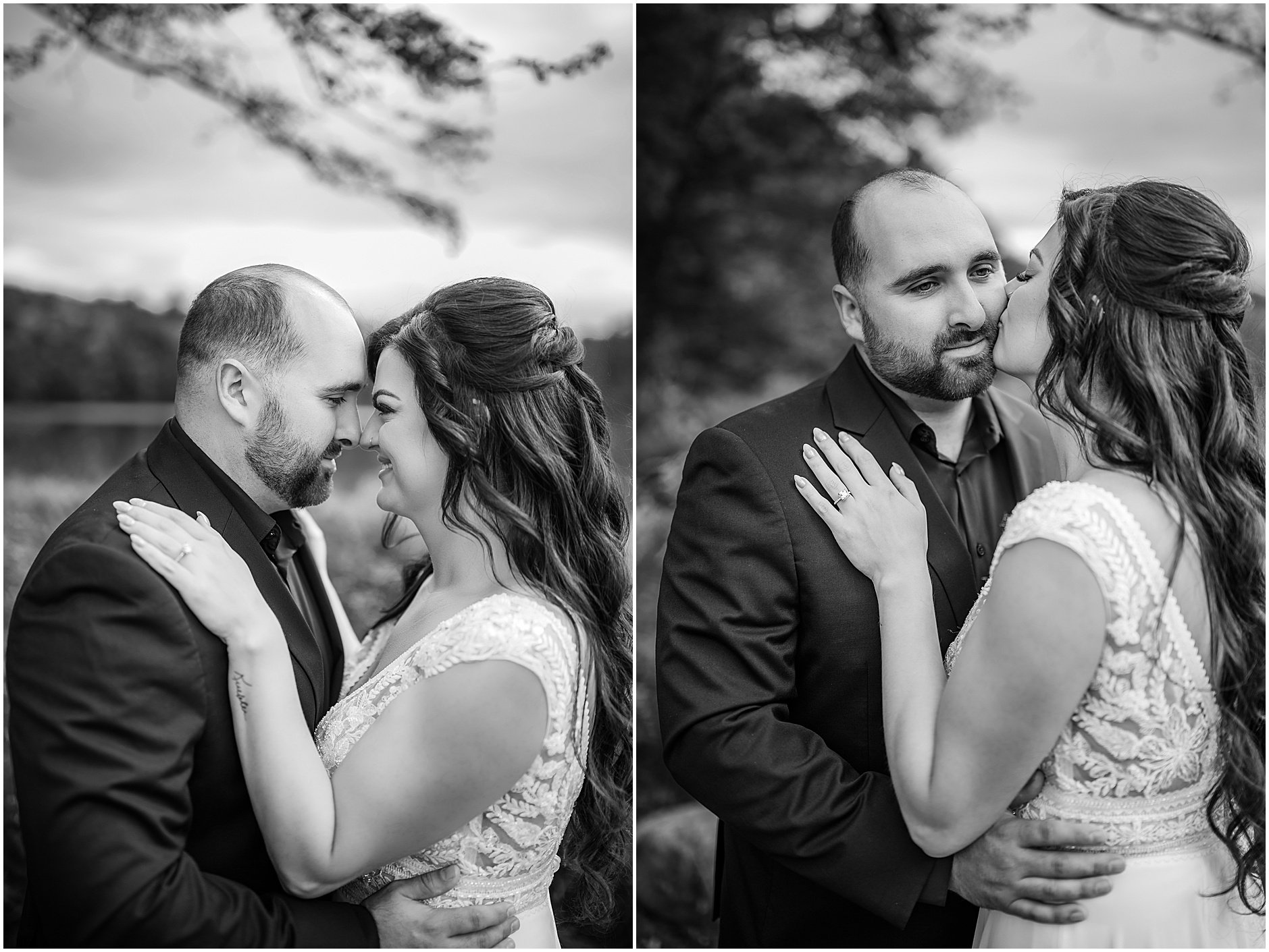 Black and white portraits of bride and groom before their lakeside wedding ceremony in Cooperstown