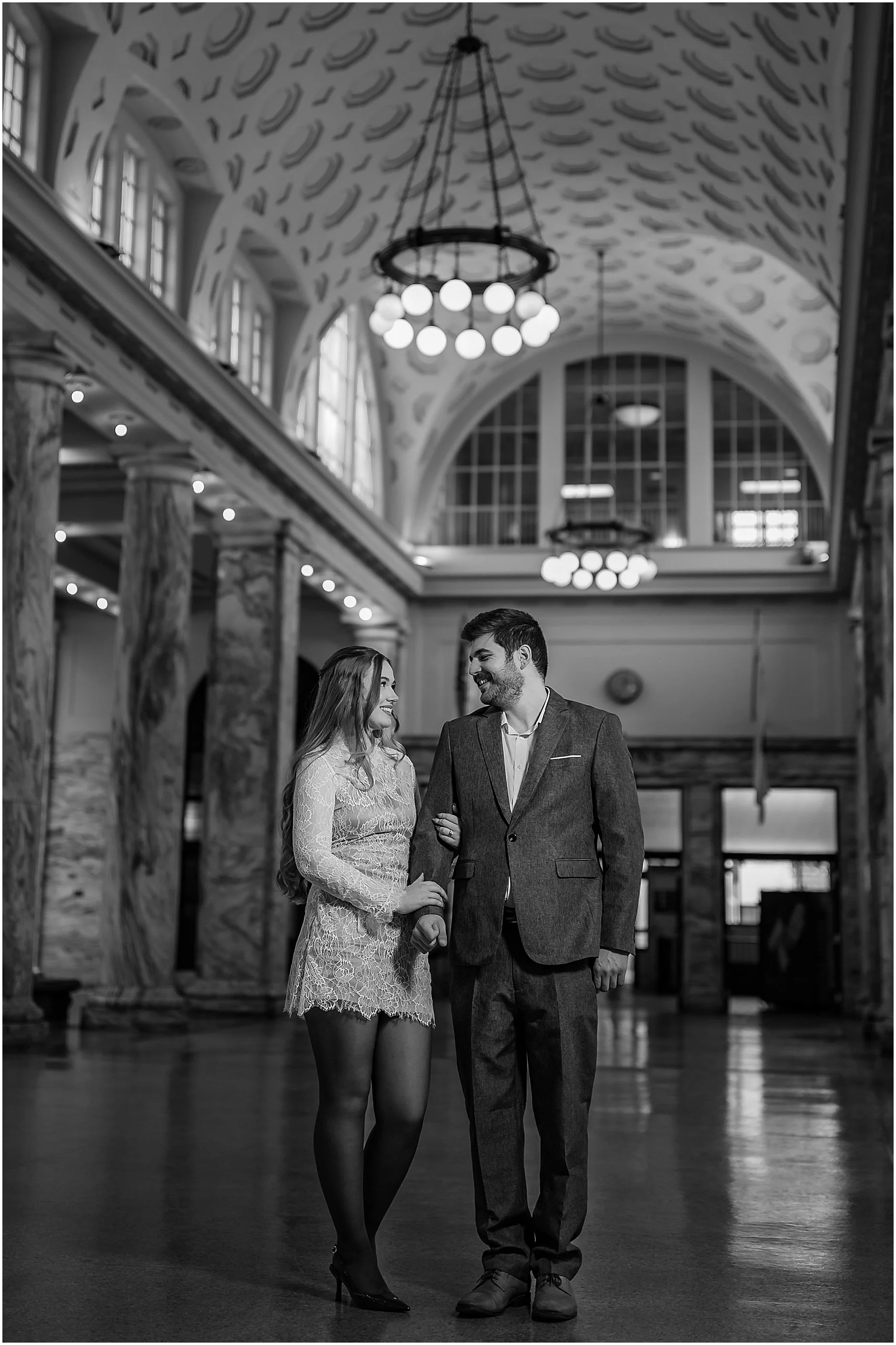 Alexis and Alec’s spring engagement session at a historic train station in Upstate New York, showcasing their portraits and the distinctive setting.