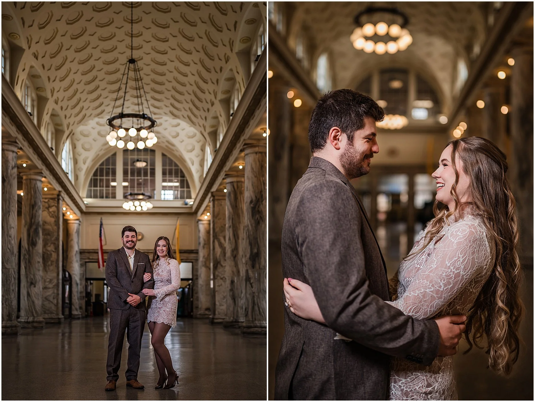 Couple posing together during their spring engagement session at a historic train station in Upstate New York, surrounded by the station’s distinctive architecture.