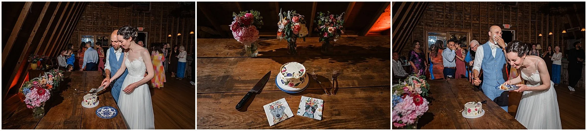 Newlyweds cutting the cake during their reception at The Inn at West Settlement