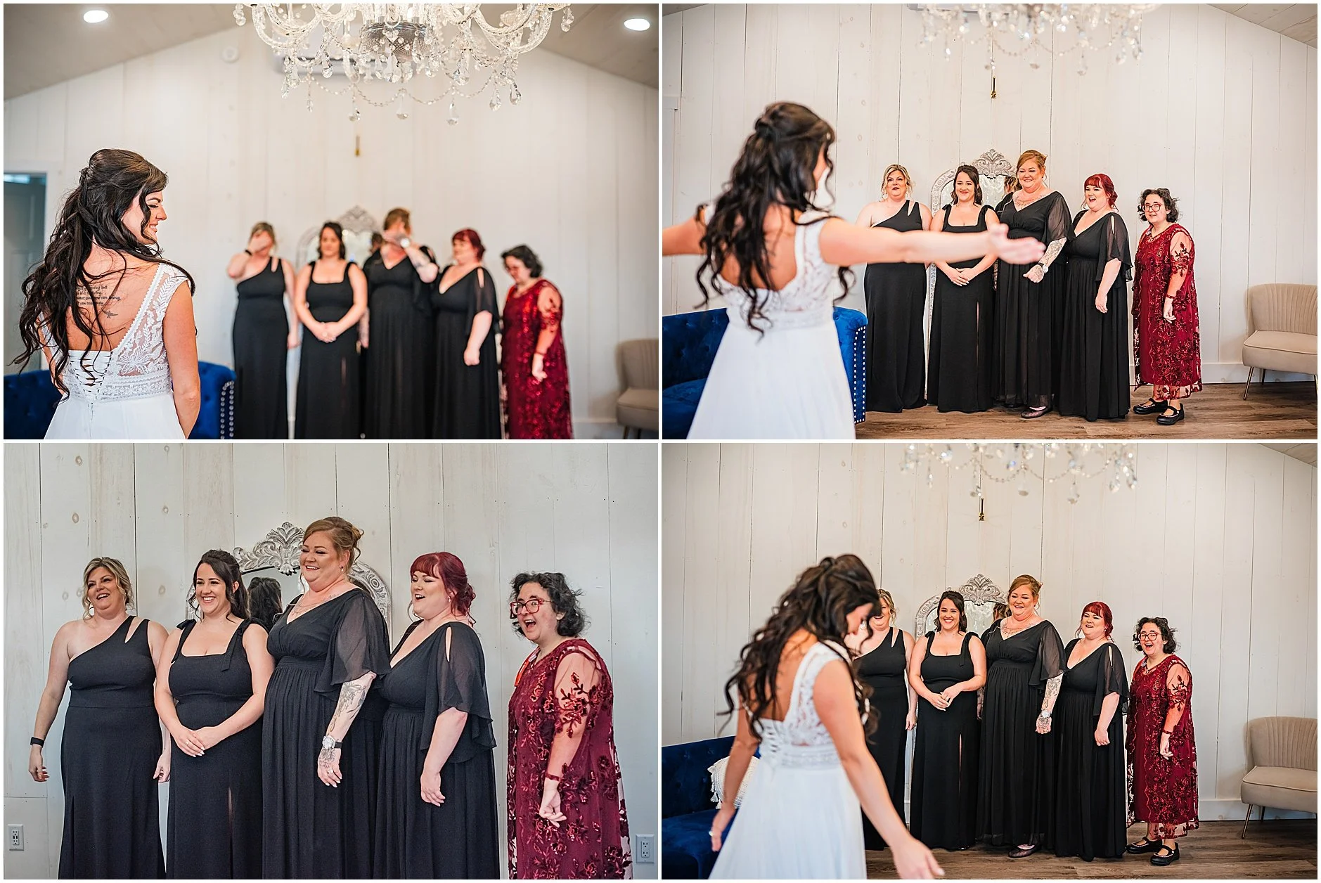 Bride sharing a joyful first look with her bridesmaids