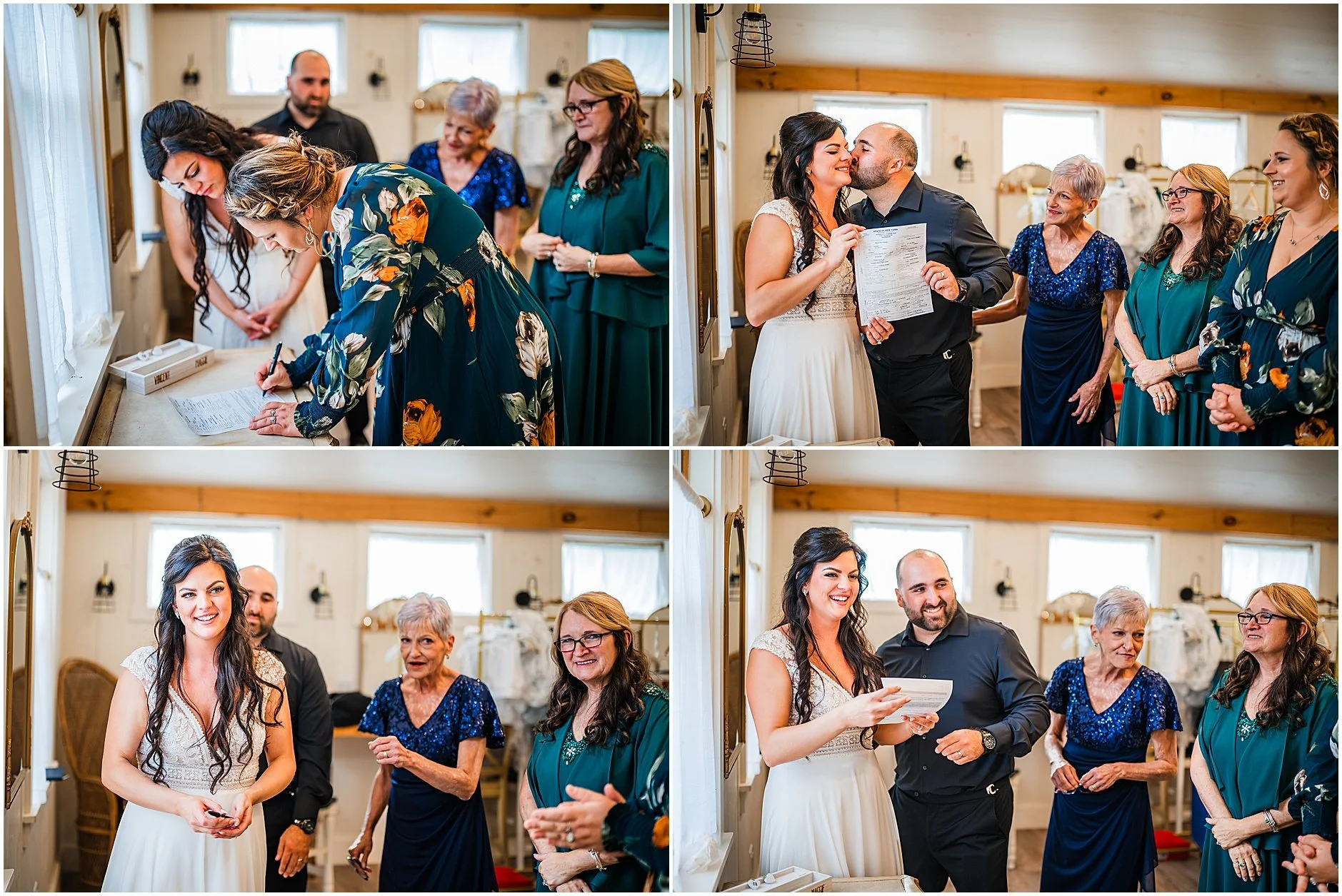 Joyful images of newlyweds signing marriage certificate