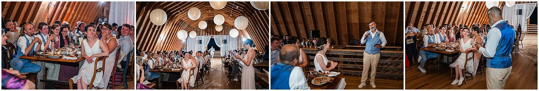 Best man and maid of honor giving their speeches inside the reception space of The Inn at West Settlement