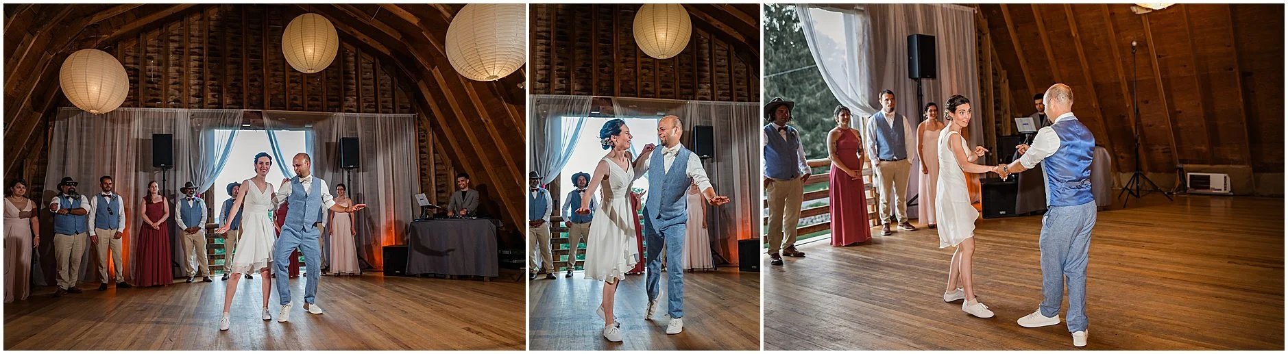 Bride and groom swing dancing as their first dance as husband and wife