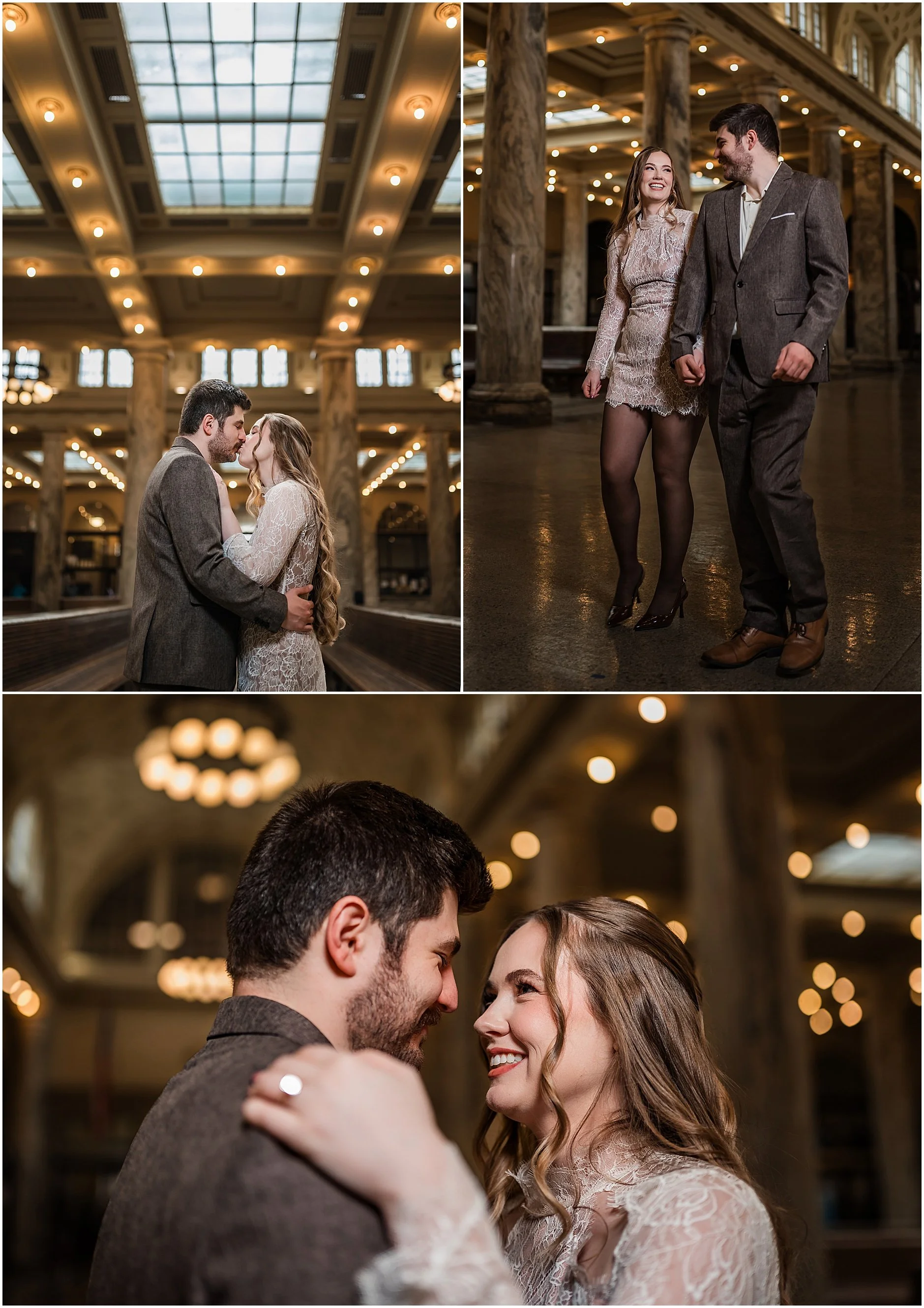 Candid and posed engagement photographs of Alexis and Alec at a historic train station in Upstate New York.