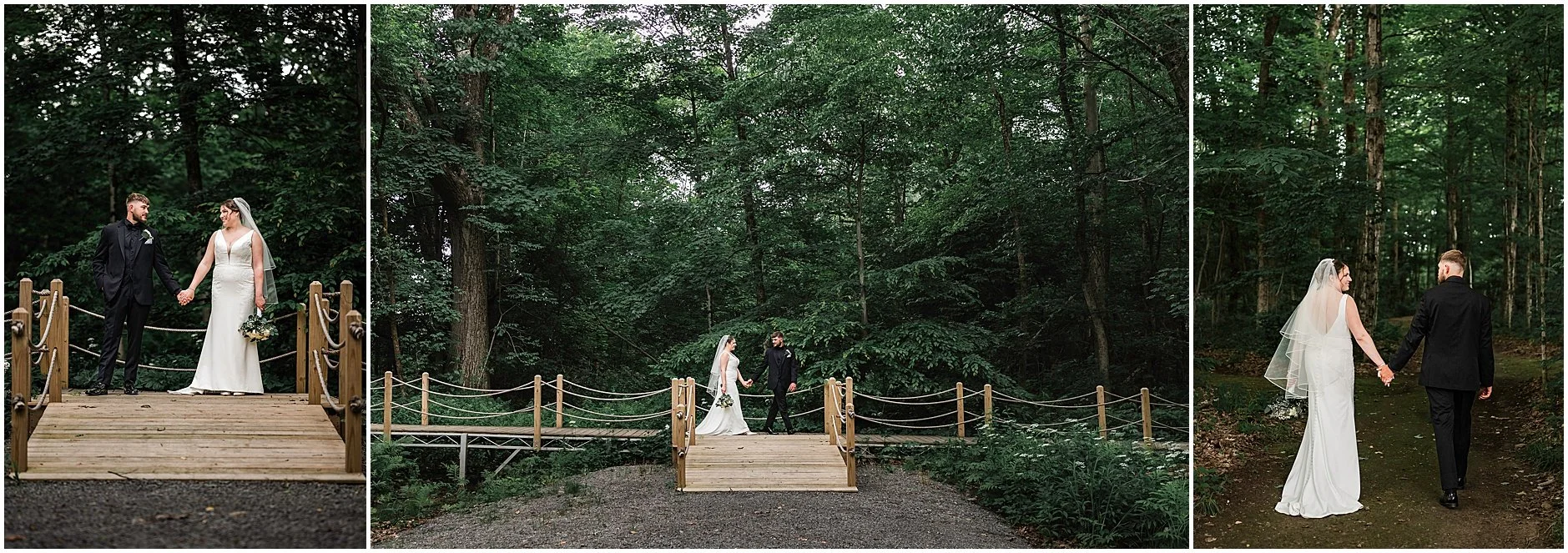 Upstate new york couple holding hands during their portraits after their wedding in the Catskills.