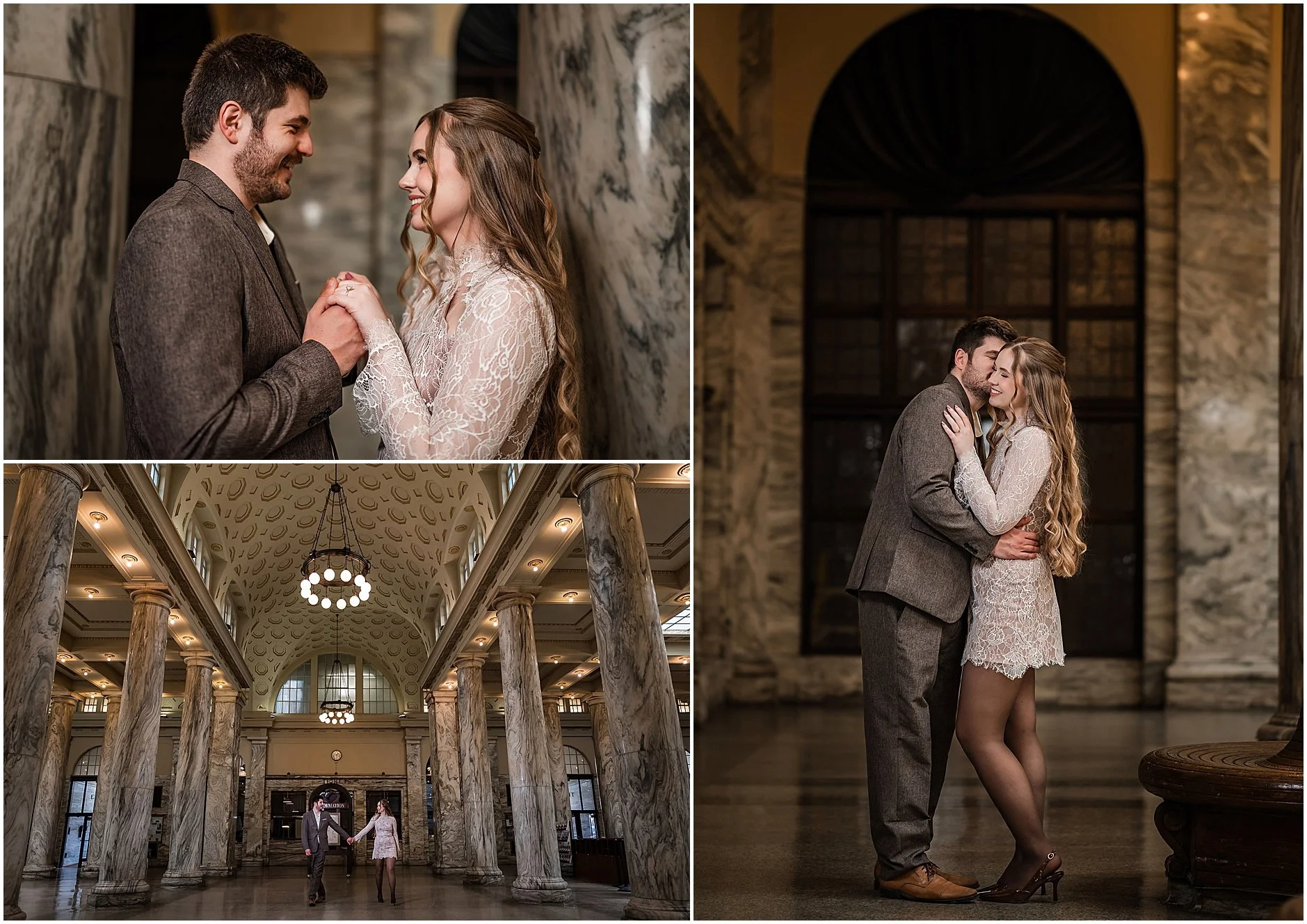 Engagement photographs of a couple using the train station’s architectural features as a backdrop for their spring session.