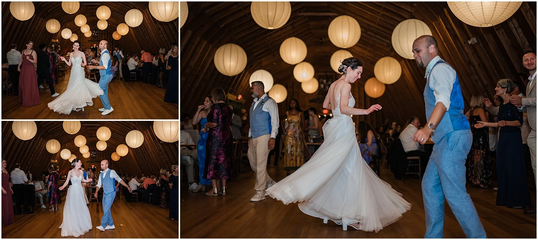 Dancing shots of the bride and groom during their wedding reception in The Inn at West Settlement nestled in the Catskill Mountains of New York