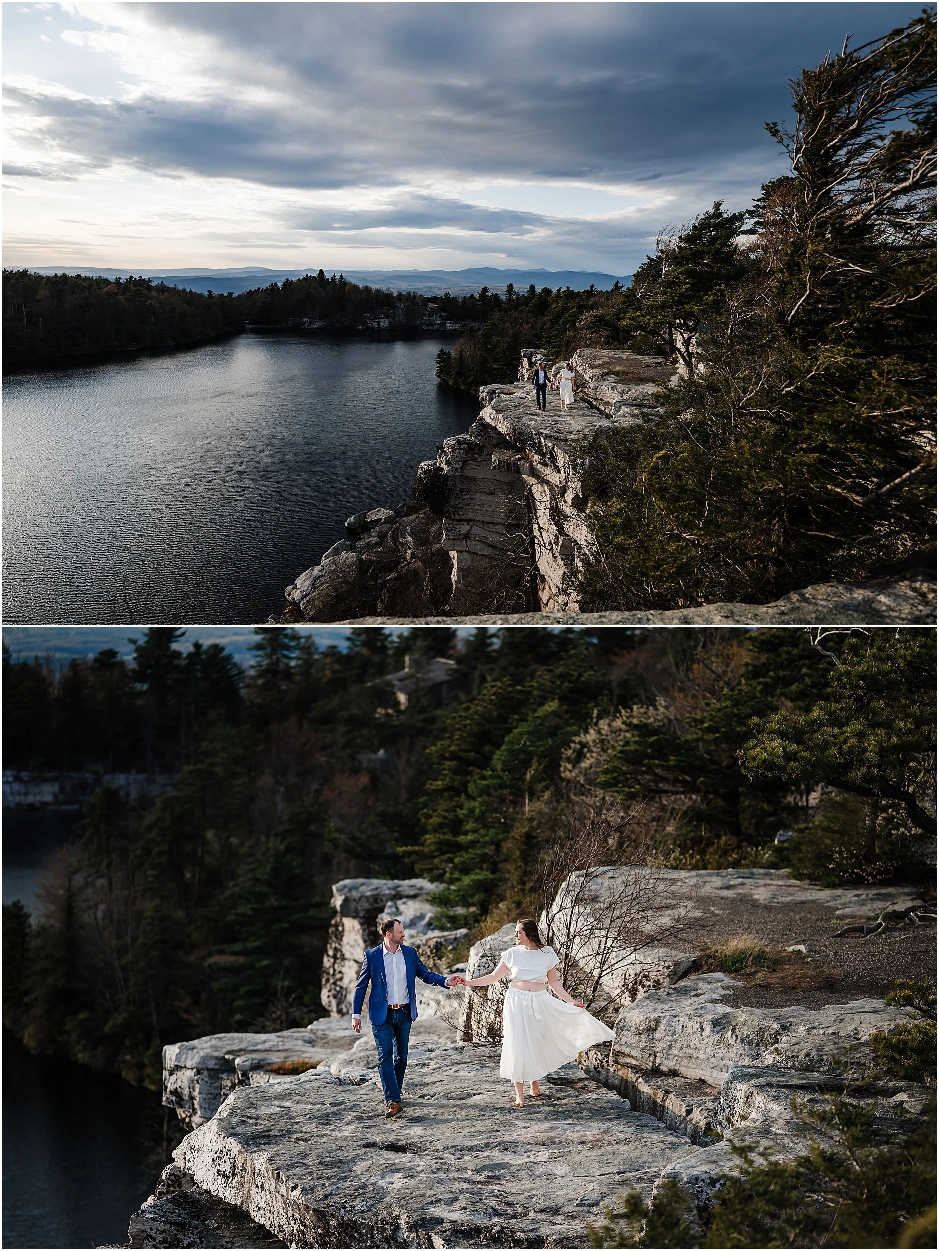Couple exploring Minnewaska State Park during adventurous Catskills engagement session