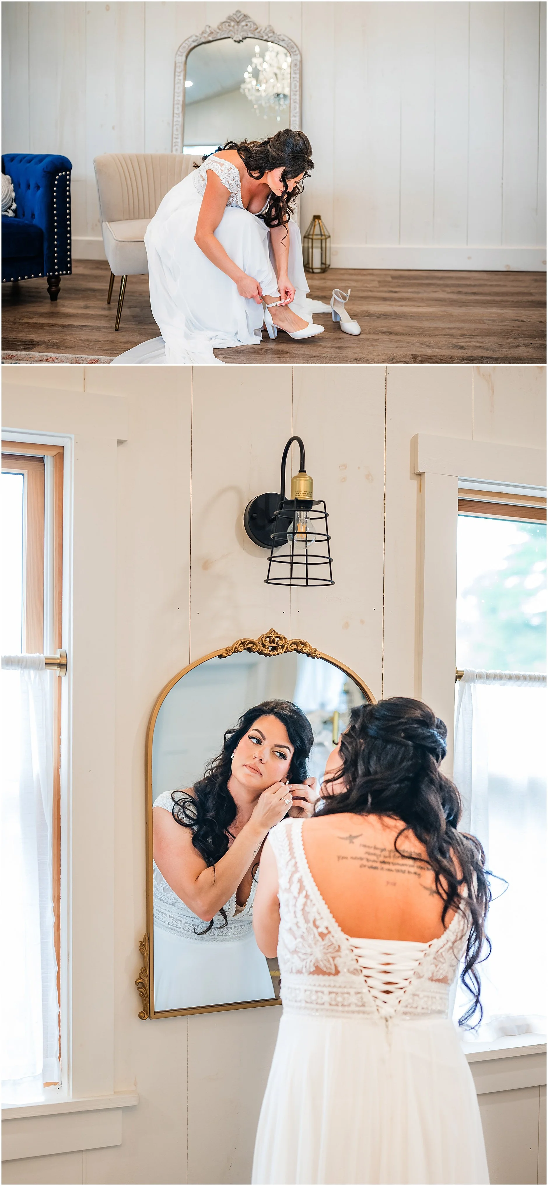 Cooperstown bride putting her shoes and earrings on in the getting ready space at The Rosemary at Spano Lake