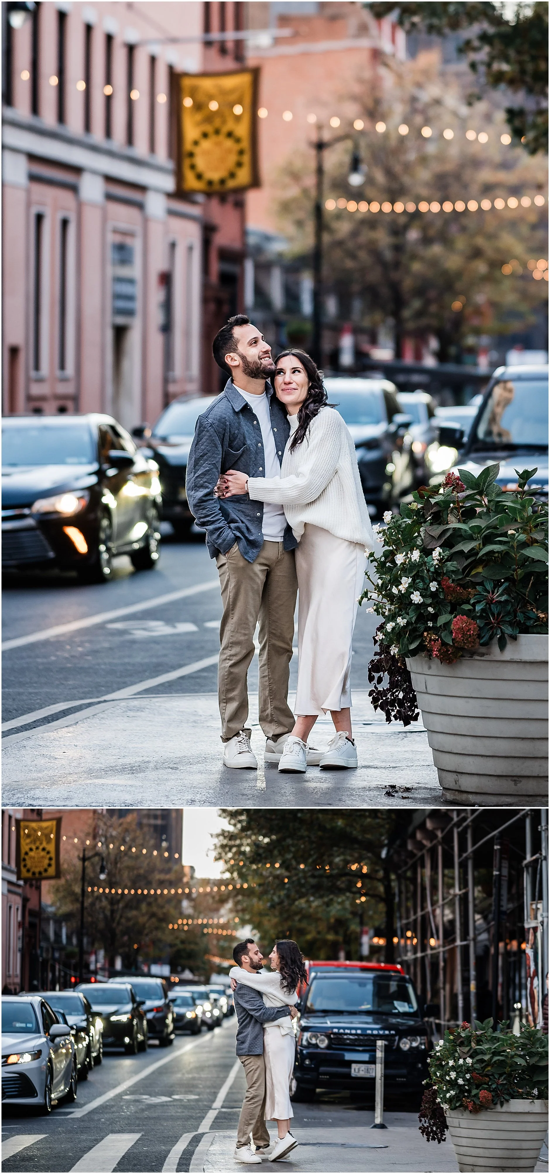 Sweet candid moment between couple sharing a hug in the streets of Soho New York City during their fun-loving engagement session