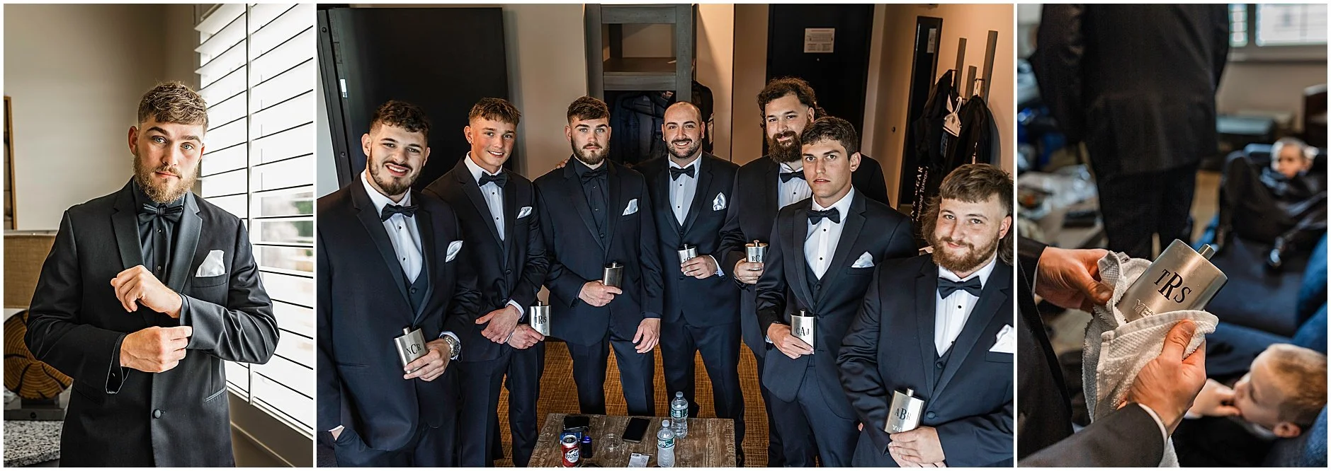 Groomsmen getting ready during a wedding in the Catskills.