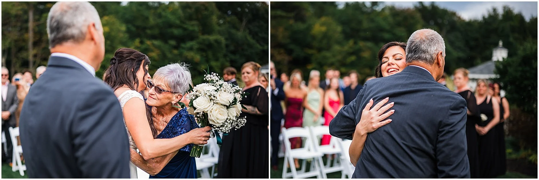 Bride giving her parents a hug after walking down the aisle
