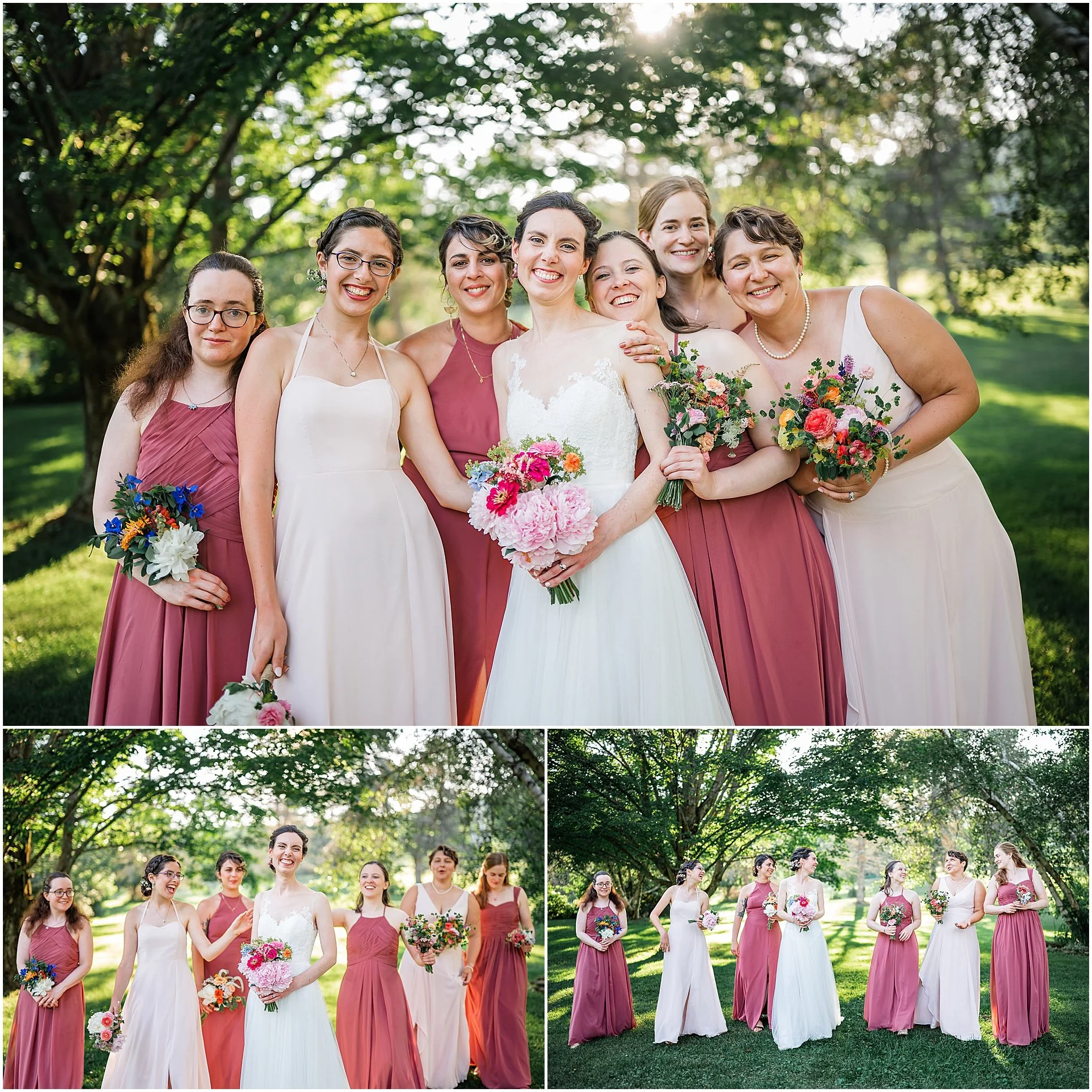 Bride surrounded by her bridesmaids with sunlight spilling over them in the Catskill Mountains