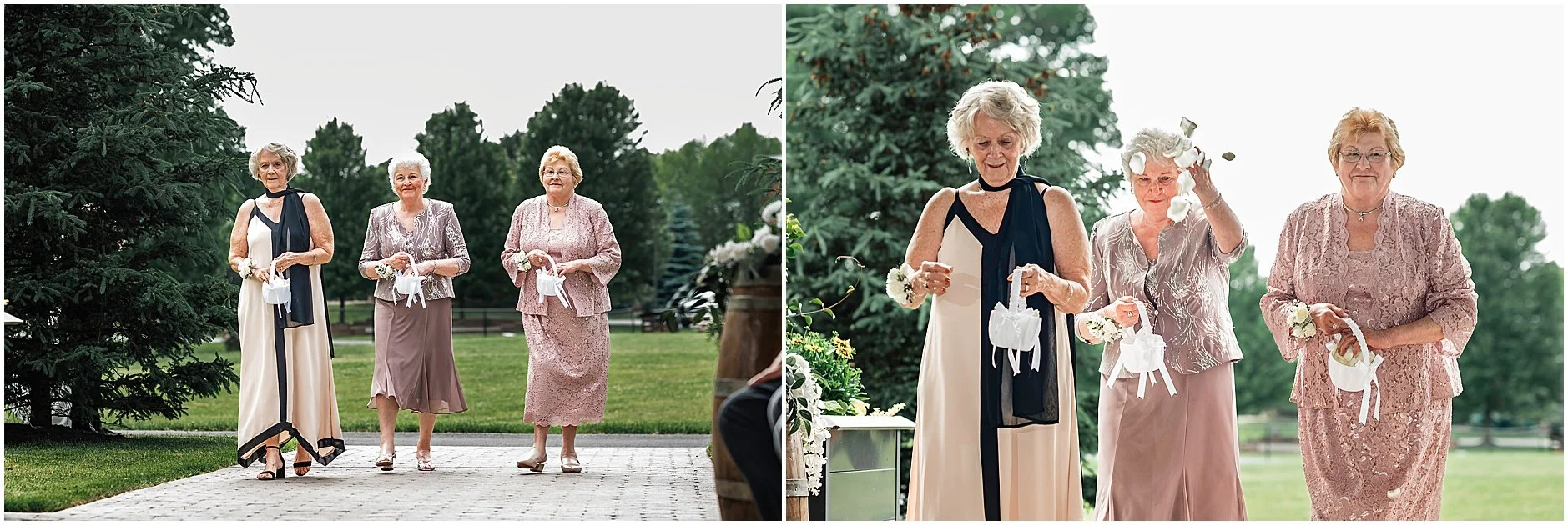 Flower grandmas throwing petals down the aisle at a wedding ceremony in the Catskills, New York.