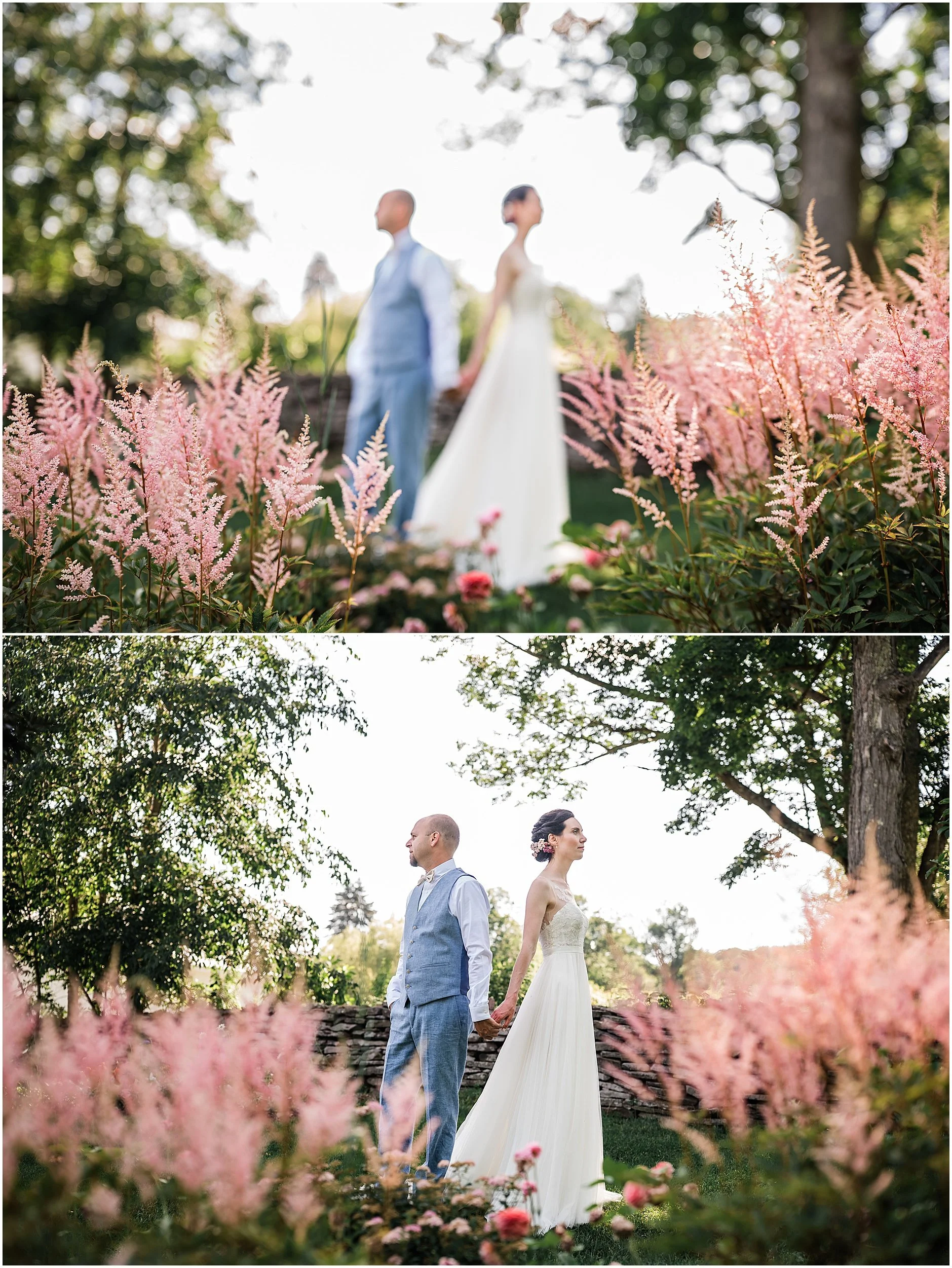 Bride and groom posing back to back in the garden at The Inn at West Settlement in Upstate New York