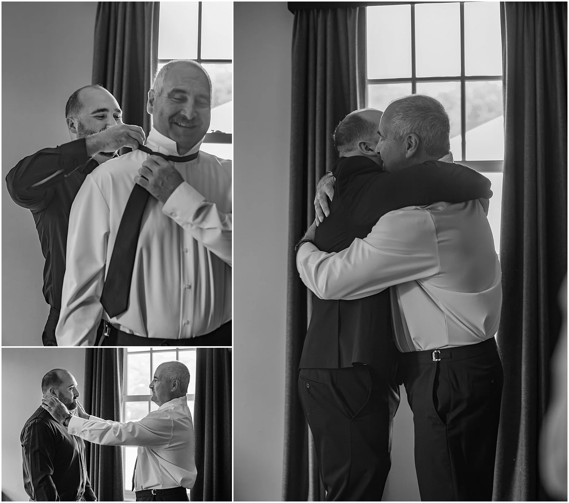 Black and white images of the groom putting tie on his dad and sharing a hug