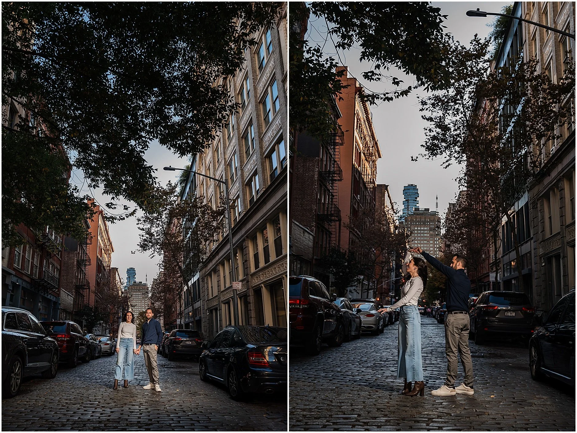 Couple laughing together during Manhattan engagement session on cobblestone street