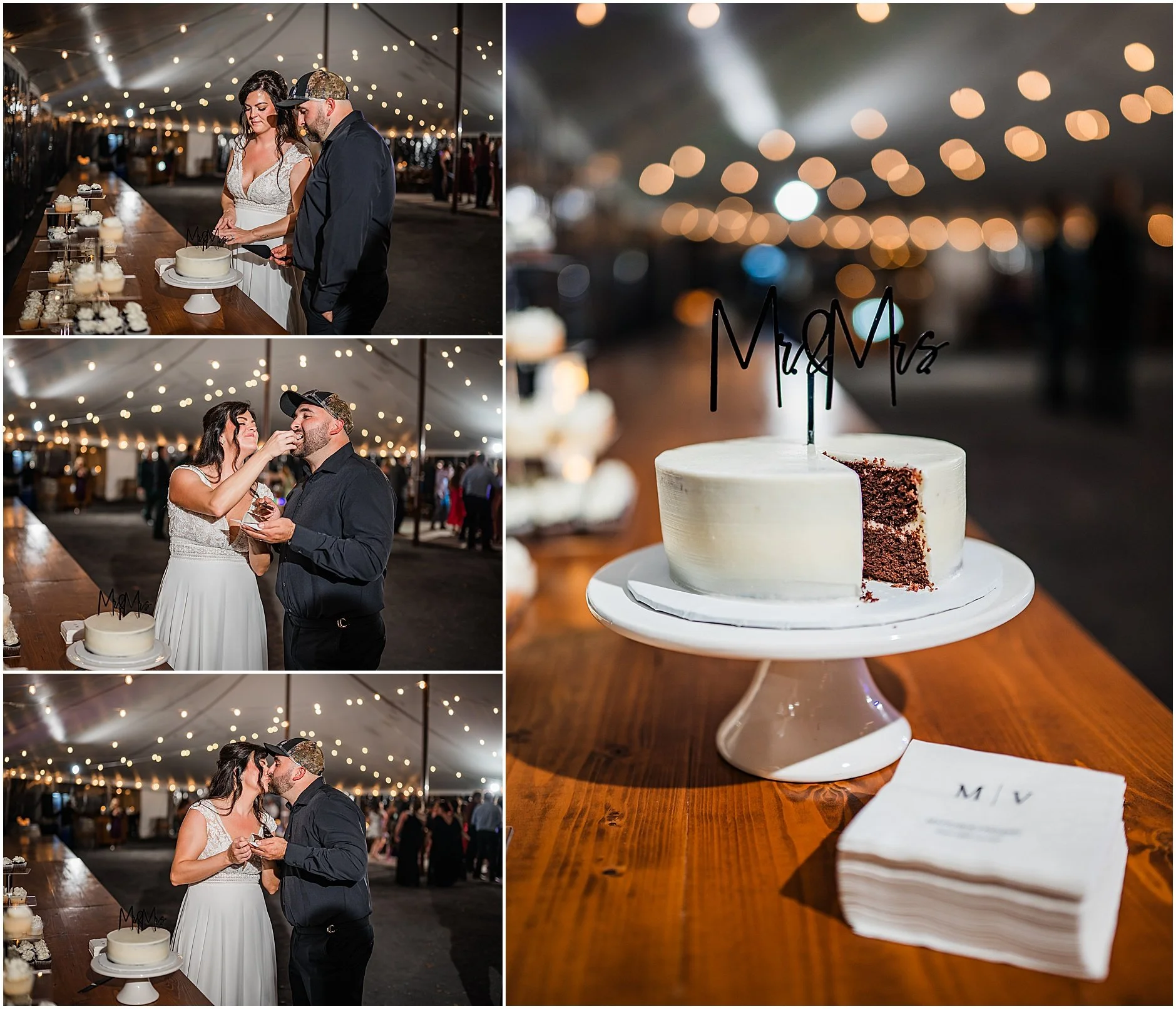 Newlyweds sharing a private cake cutting during their tented reception at The Rosemary at Spano Lake