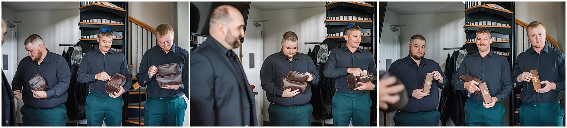 Groomsmen opening their gifts from the groom