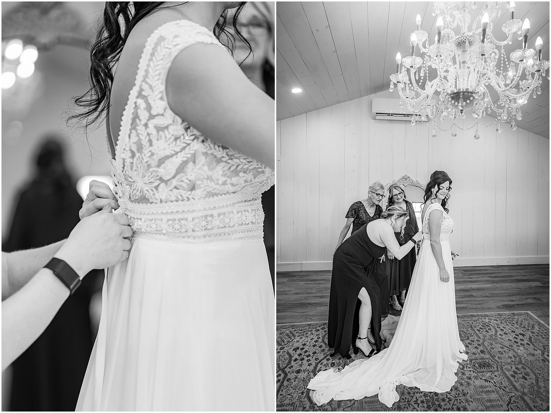 Black and white images of sister helping the bride button her wedding dress