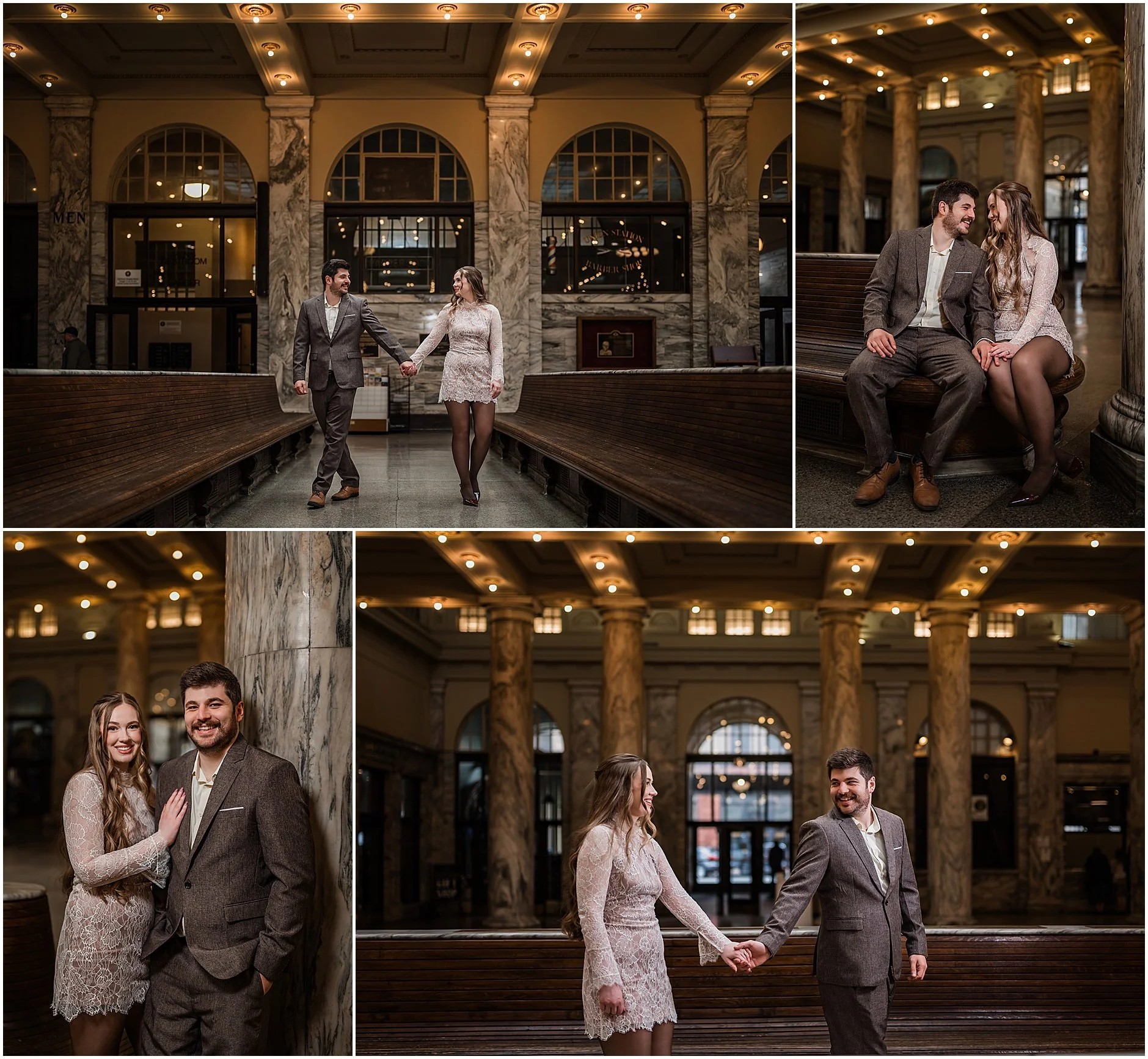 Couple photographed together at a train station during their engagement session, with architectural details creating a distinctive backdrop.