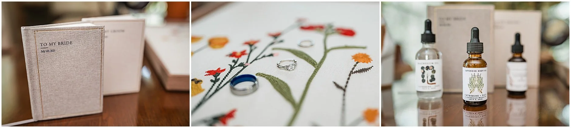 Bride and groom vow books, rings, and aromatherapy.