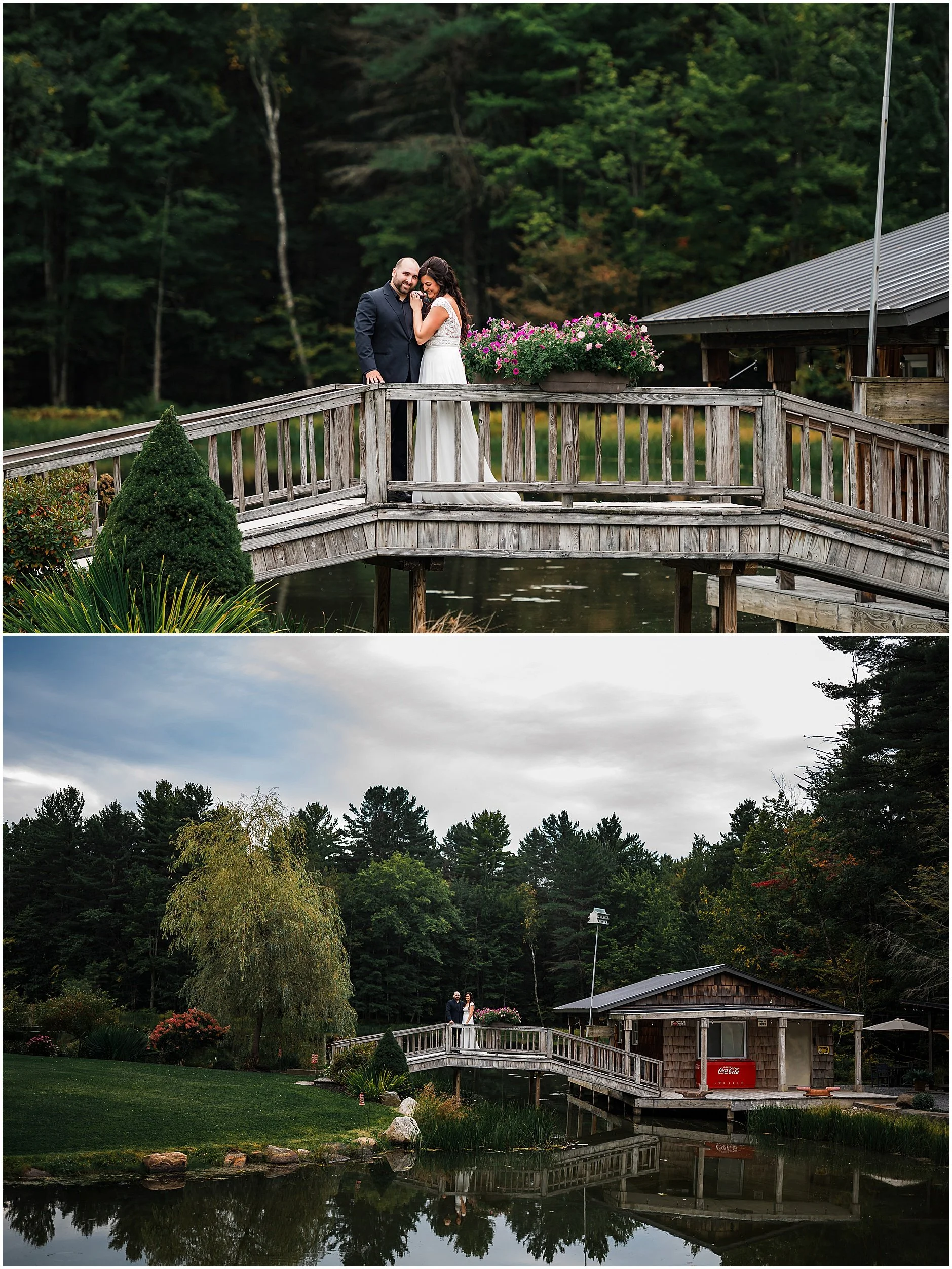 Bride and groom sharing a laugh together as they share a quiet moment on the bridge over the water at a private wedding venue in Cooperstown, New York