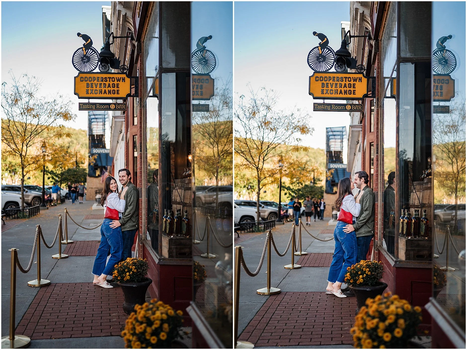 Couple laughing outside Cooperstown Beverage Exchange engagement session