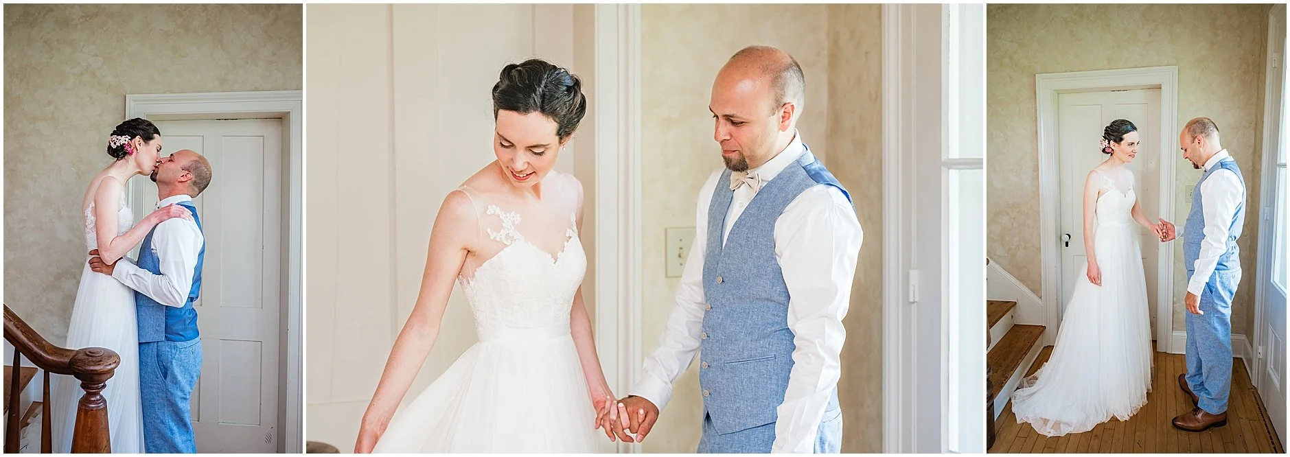 Intimate moment between a bride and groom after their first look in Upstate New York