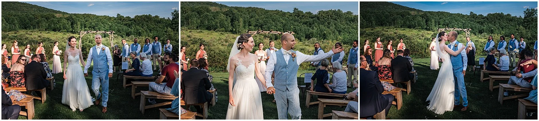 Bride and groom exiting their ceremony in the Catskill Mountians