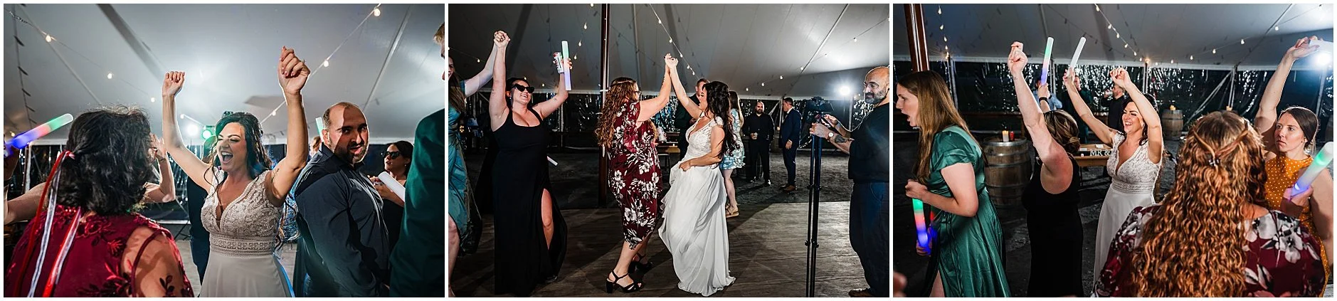 Bride dancing with her guests at Cooperstown New York tented wedding reception