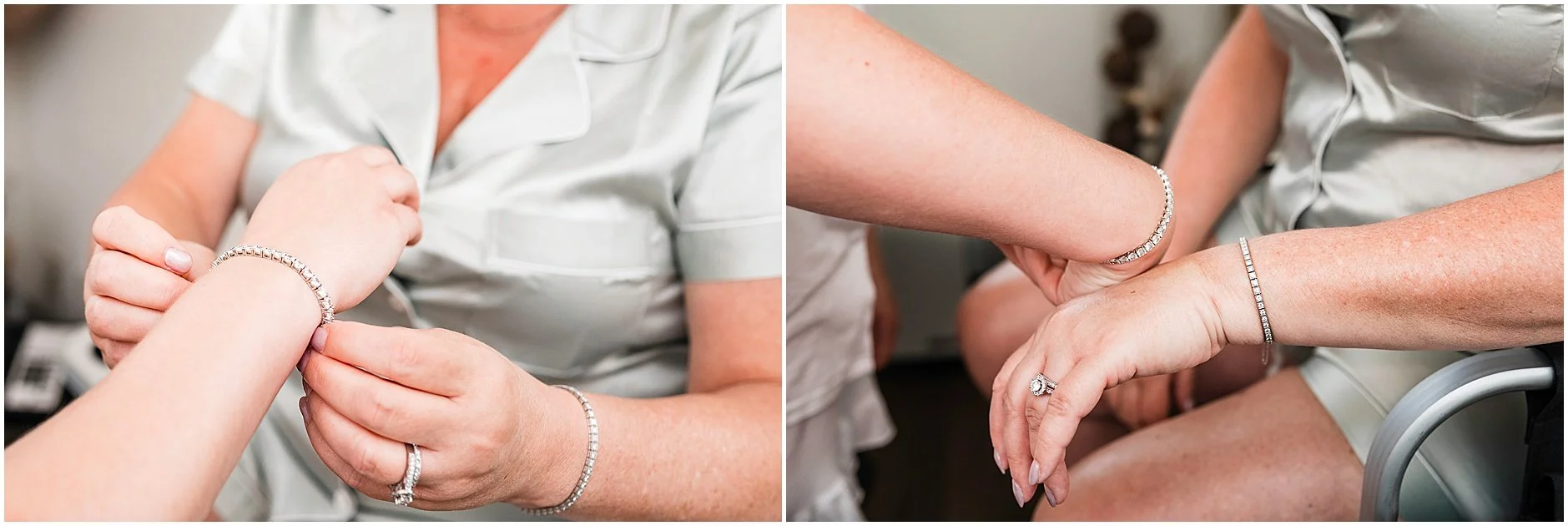 Bride and the mother of the bride wearing matching bracelets during the beautiful wedding on the Catskills.