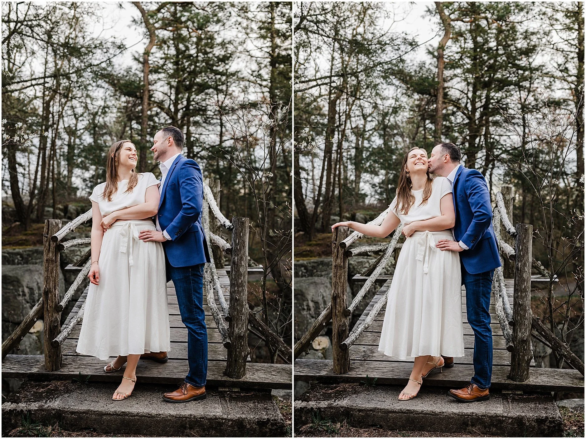Maria and Nathan laughing together during Catskills engagement session