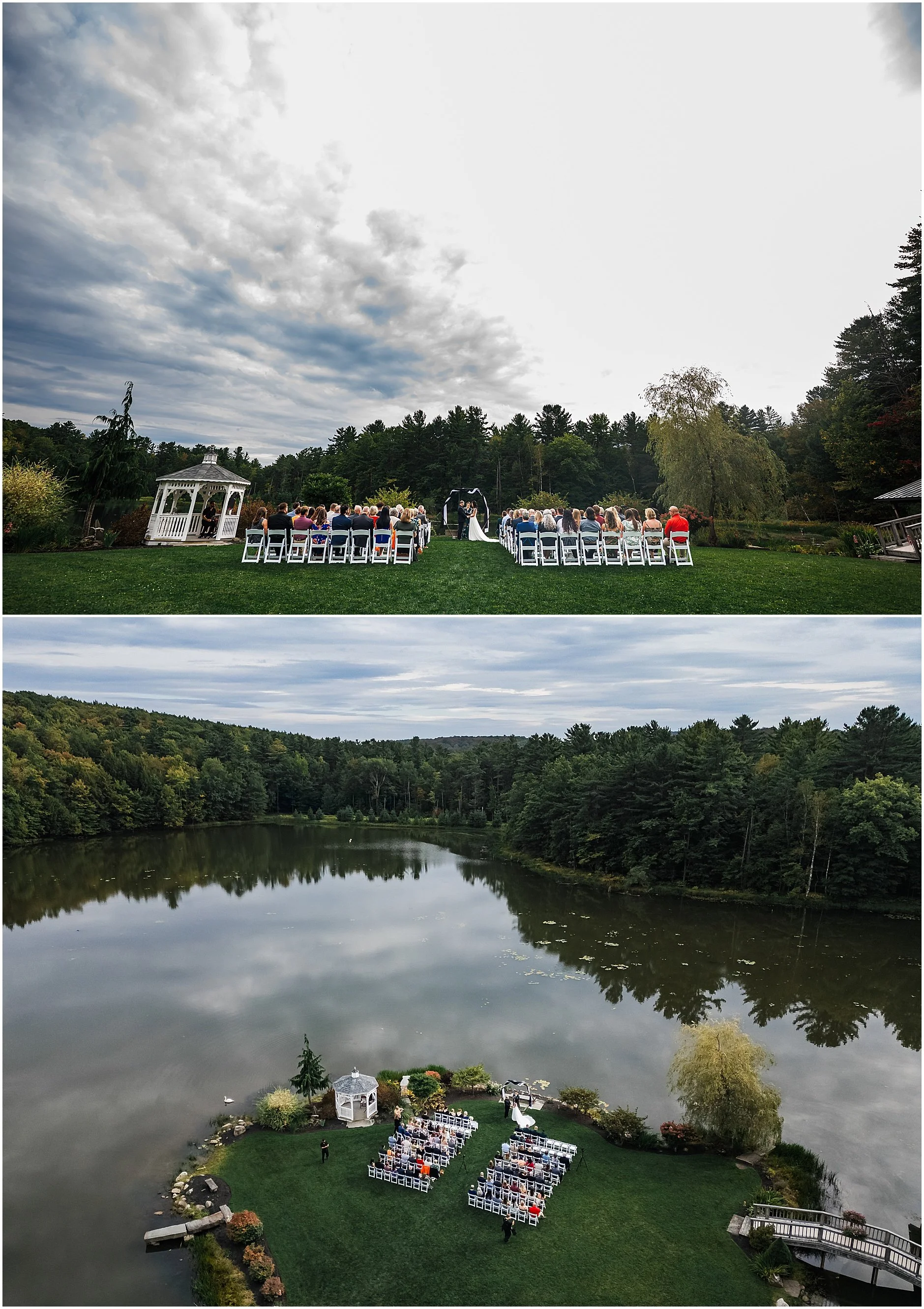 Wide shots of fall wedding ceremony in Upstate New York at The Rosemary at Spano Lake
