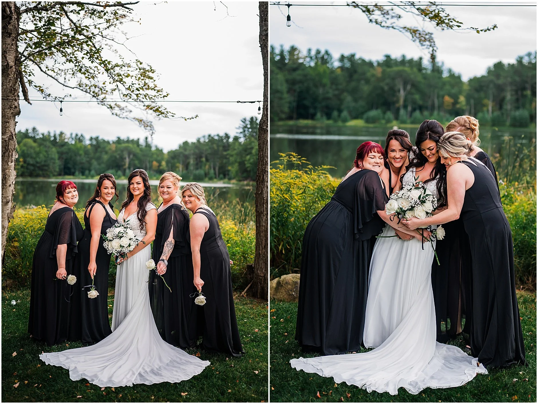 Bridesmaids hugging their bride for a fun photo by the lake
